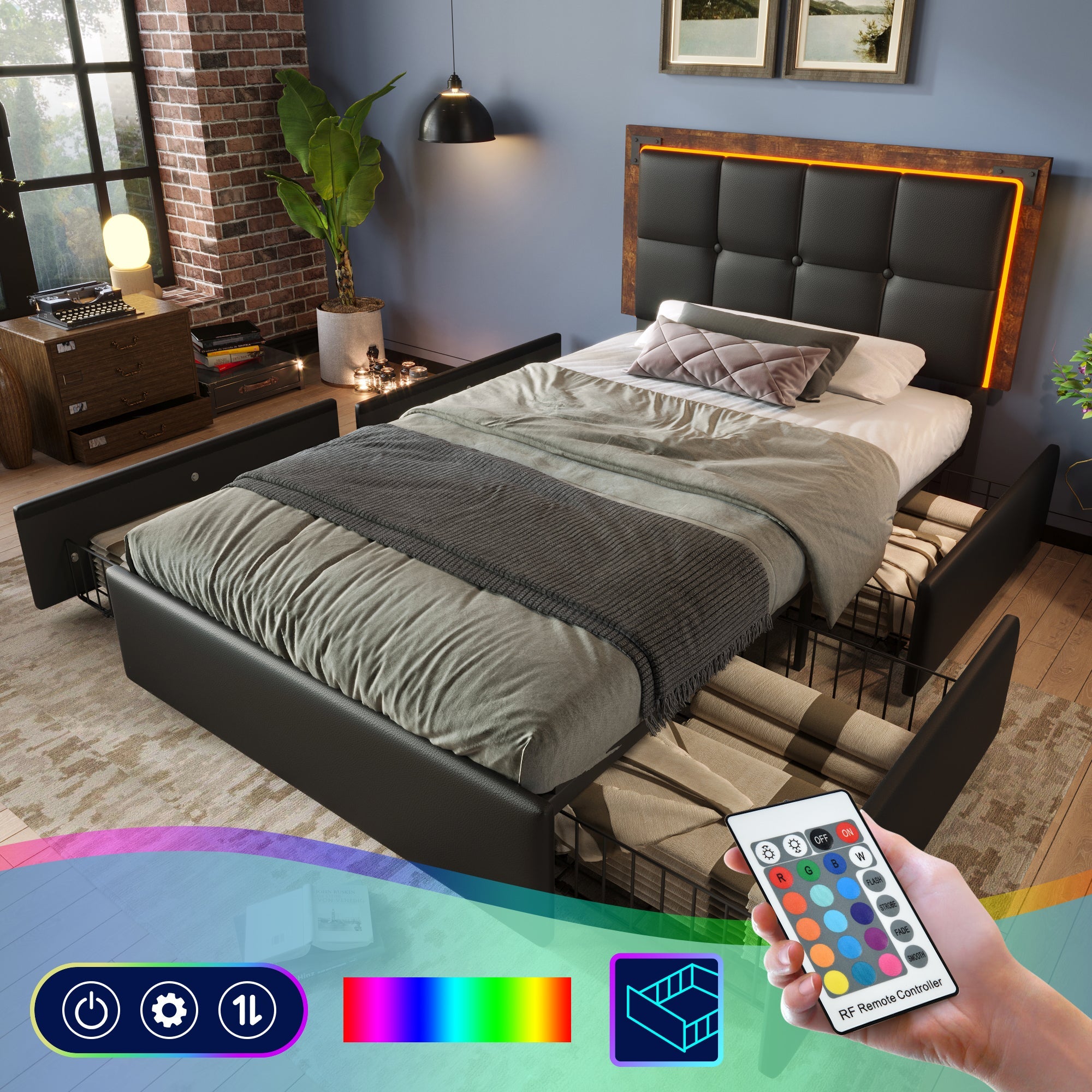 Logidon bedframe 90x200cm met LED-strip en vier lades zwart