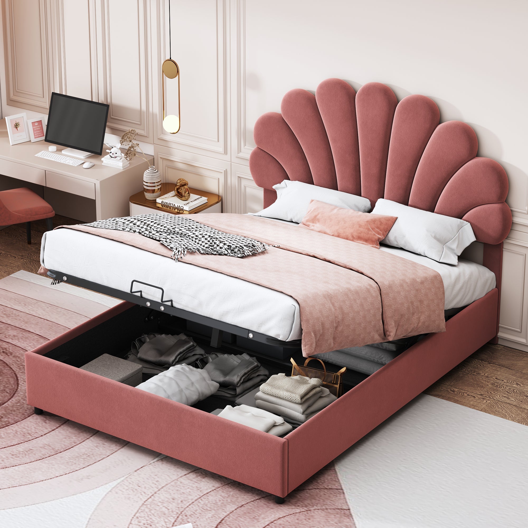 Logidon gestoffeerd bed 140x200 roze met gebloemd hoofdeinde en opbergruimte