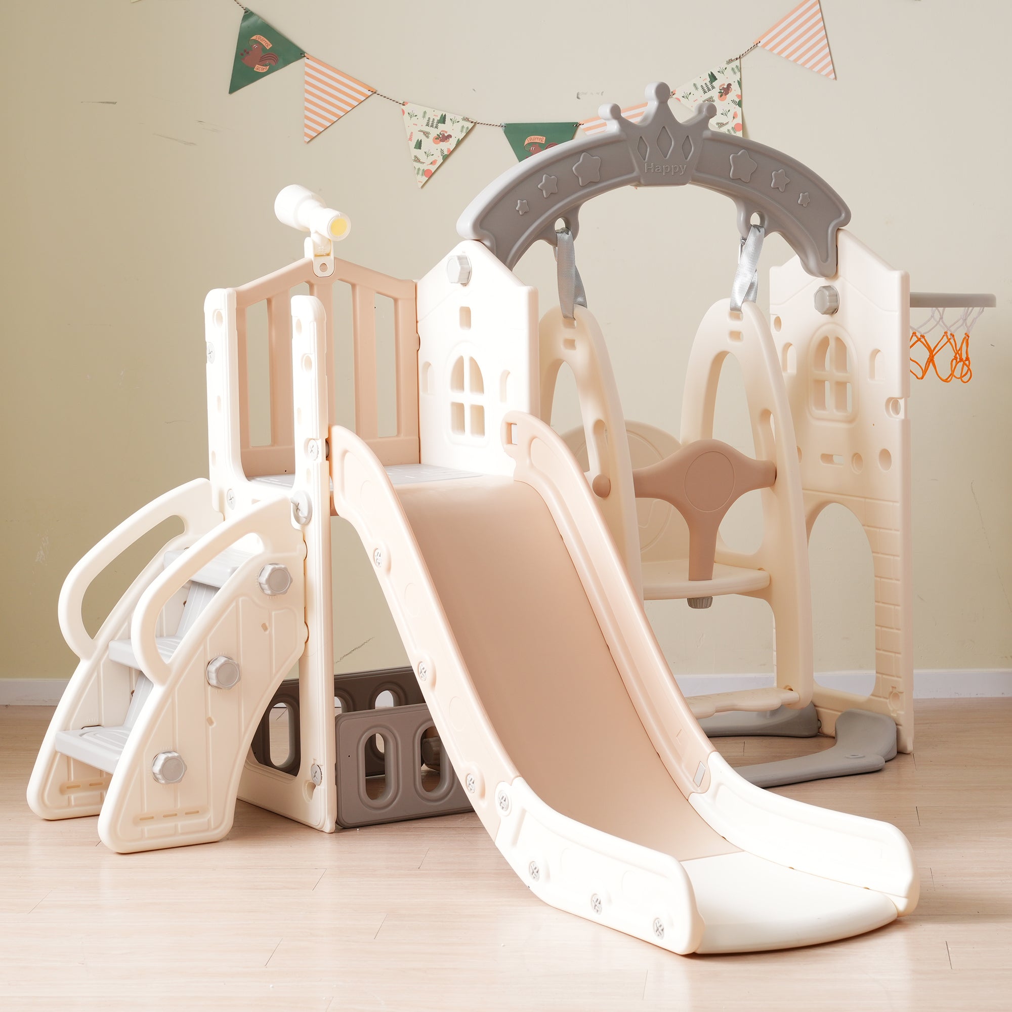 Logidon 5-in-1 kinderspeelset bruin antiek wit schommelglijbaan