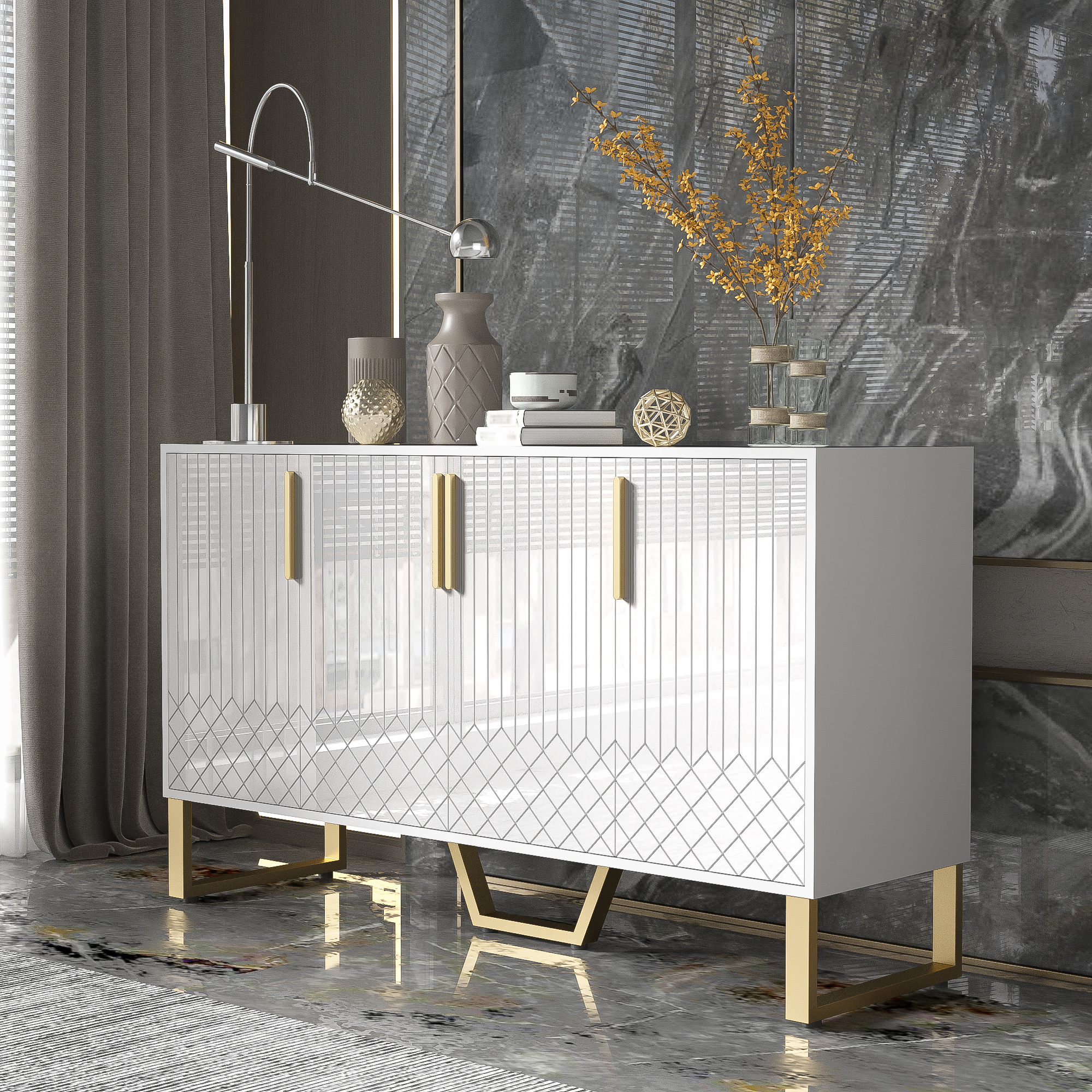 Logidon hoogglans dressoir wit 4 deuren geometrisch ontwerp 140x40x80