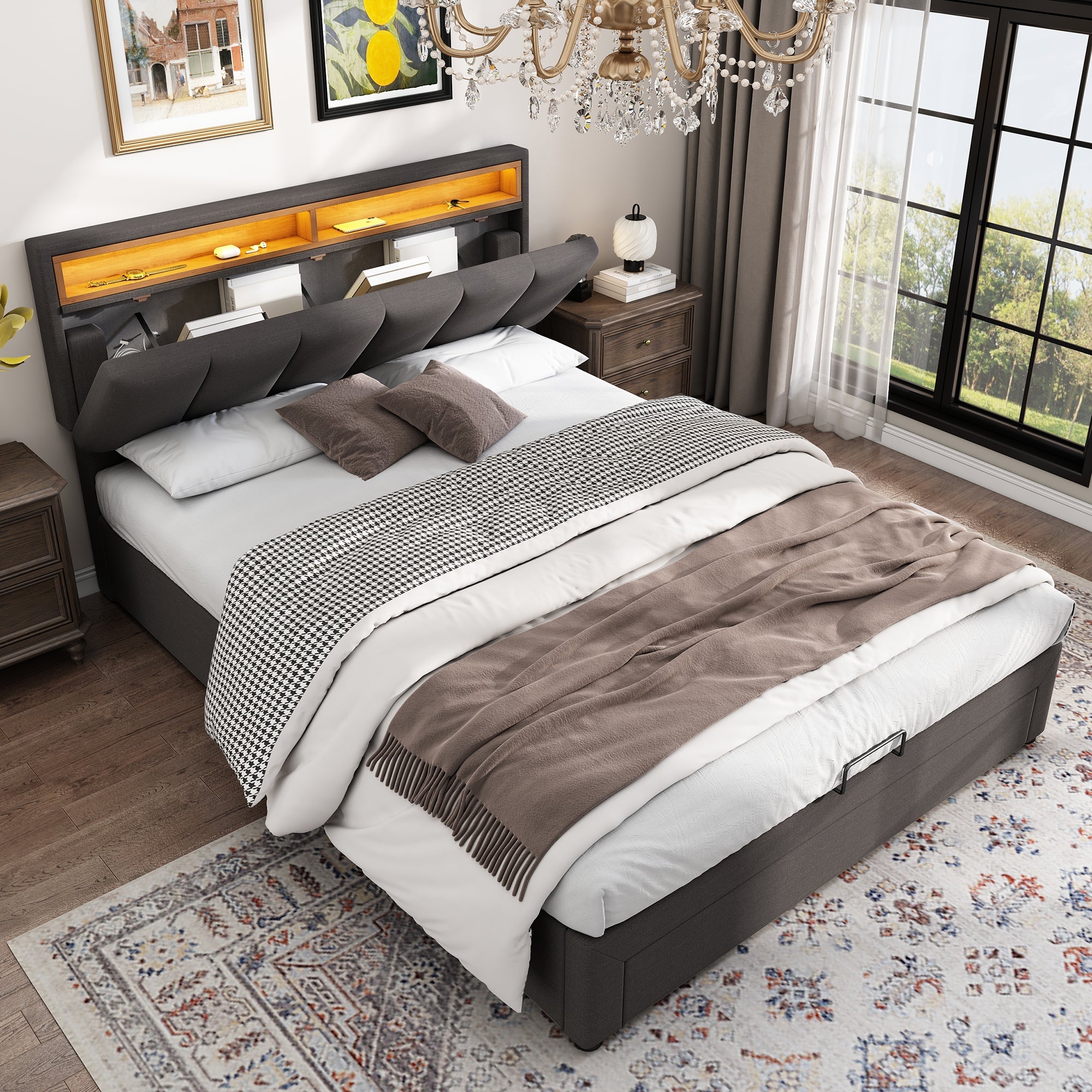 Logidon gestoffeerd bed 140x200 grijs met LED verlichting en opbergruimte
