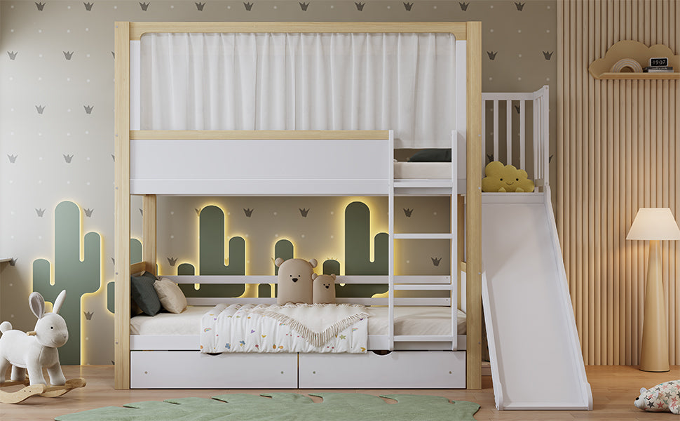 Logidon stapelbed 90x200 wit naturel met glijbaan en lades
