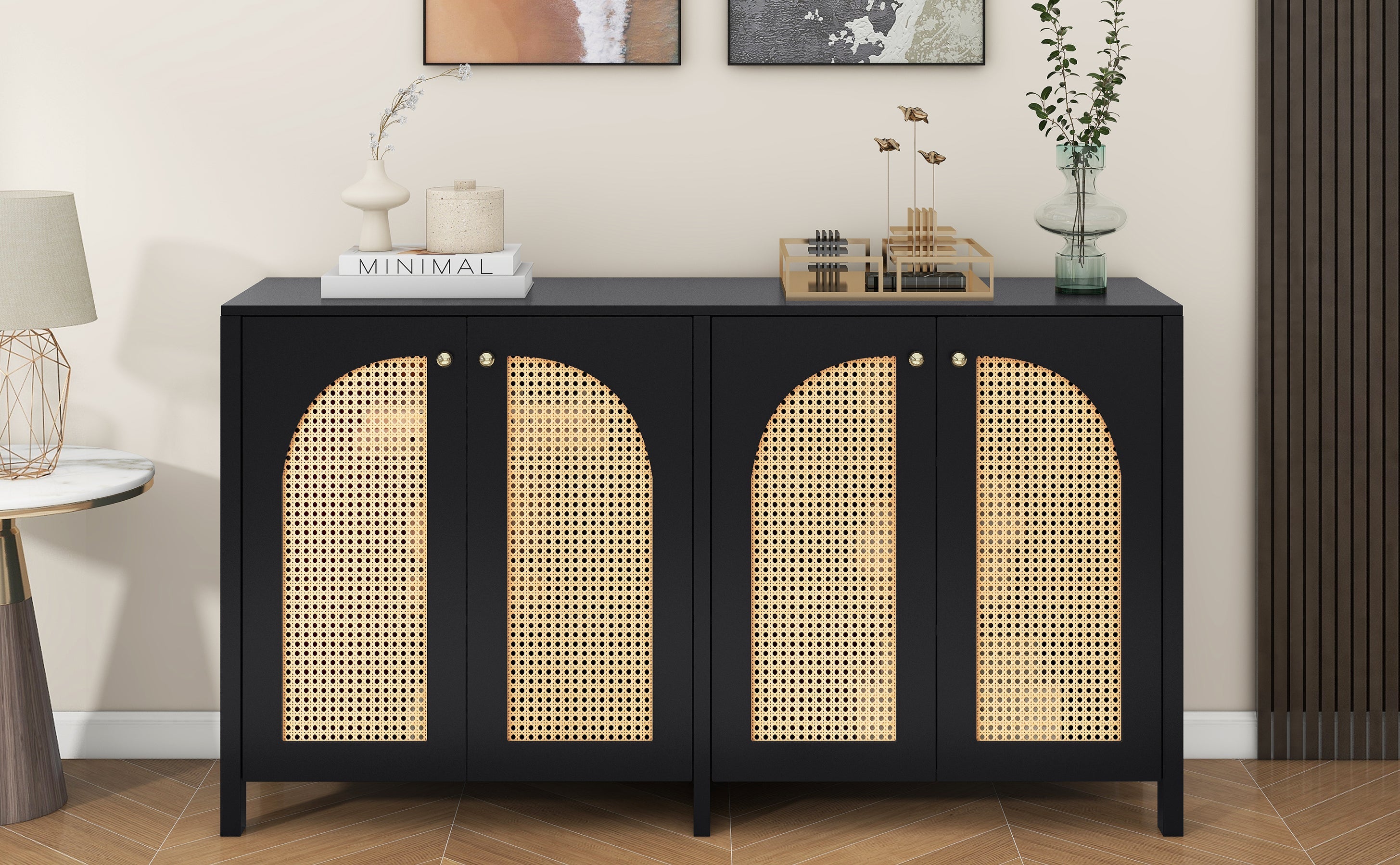Logidon Dressoir Zwart Met Rotan Deuren Modern Buffet 145x40x80