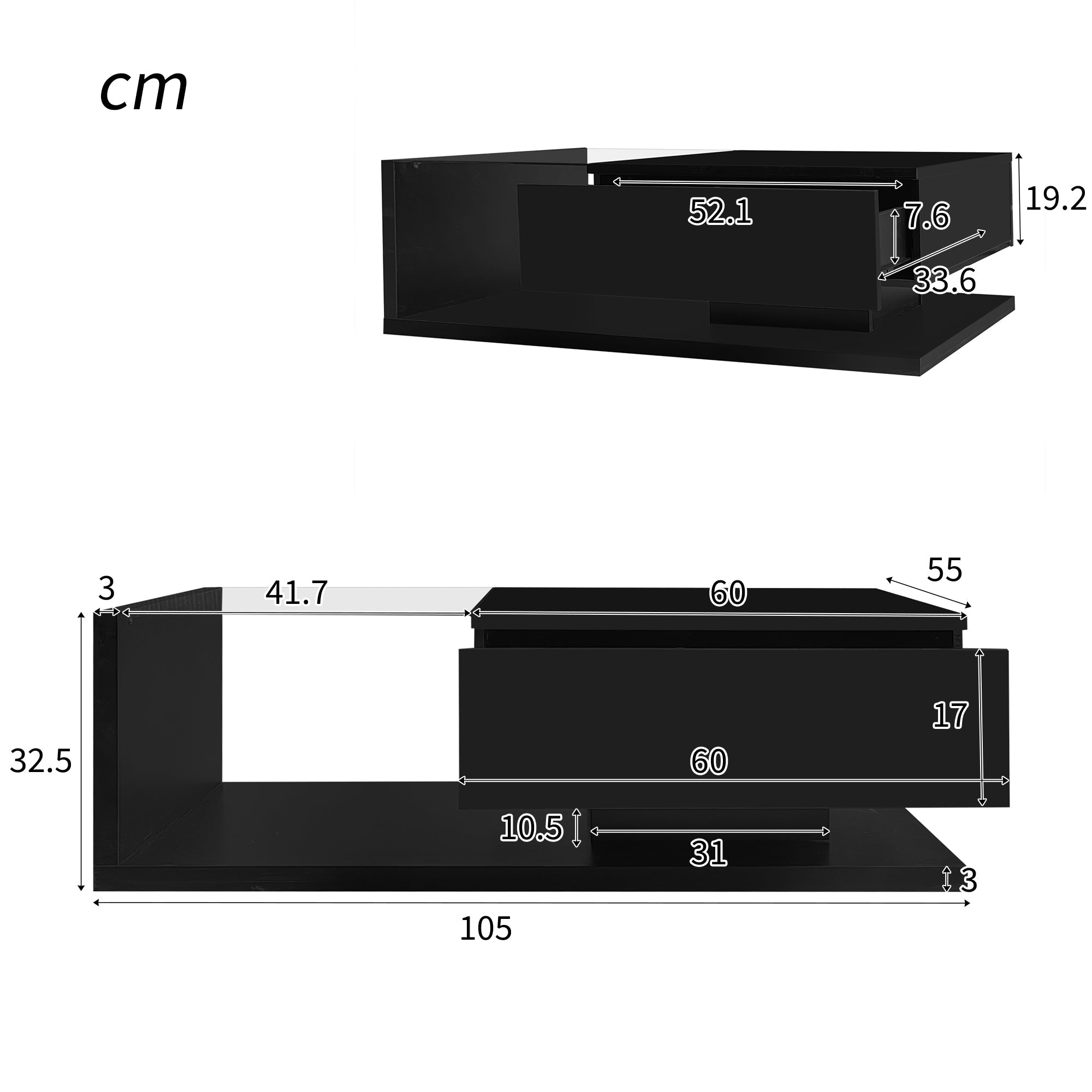 Logidon salontafel hoogglans zwart met glas en LED effect 105 cm