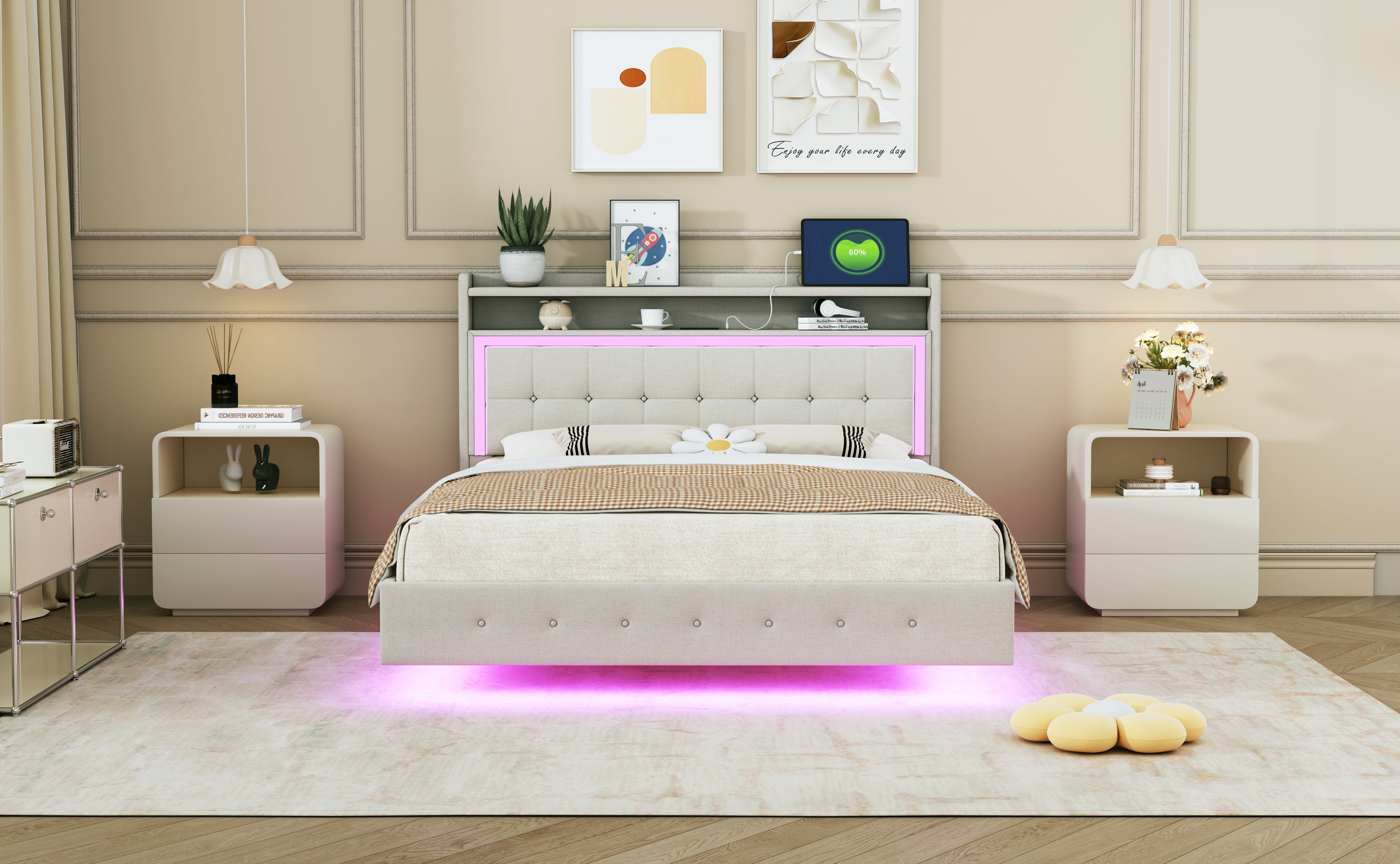 Logidon gestoffeerd bed 140x200 beige linnen met USB-aansluiting LED-verlichting