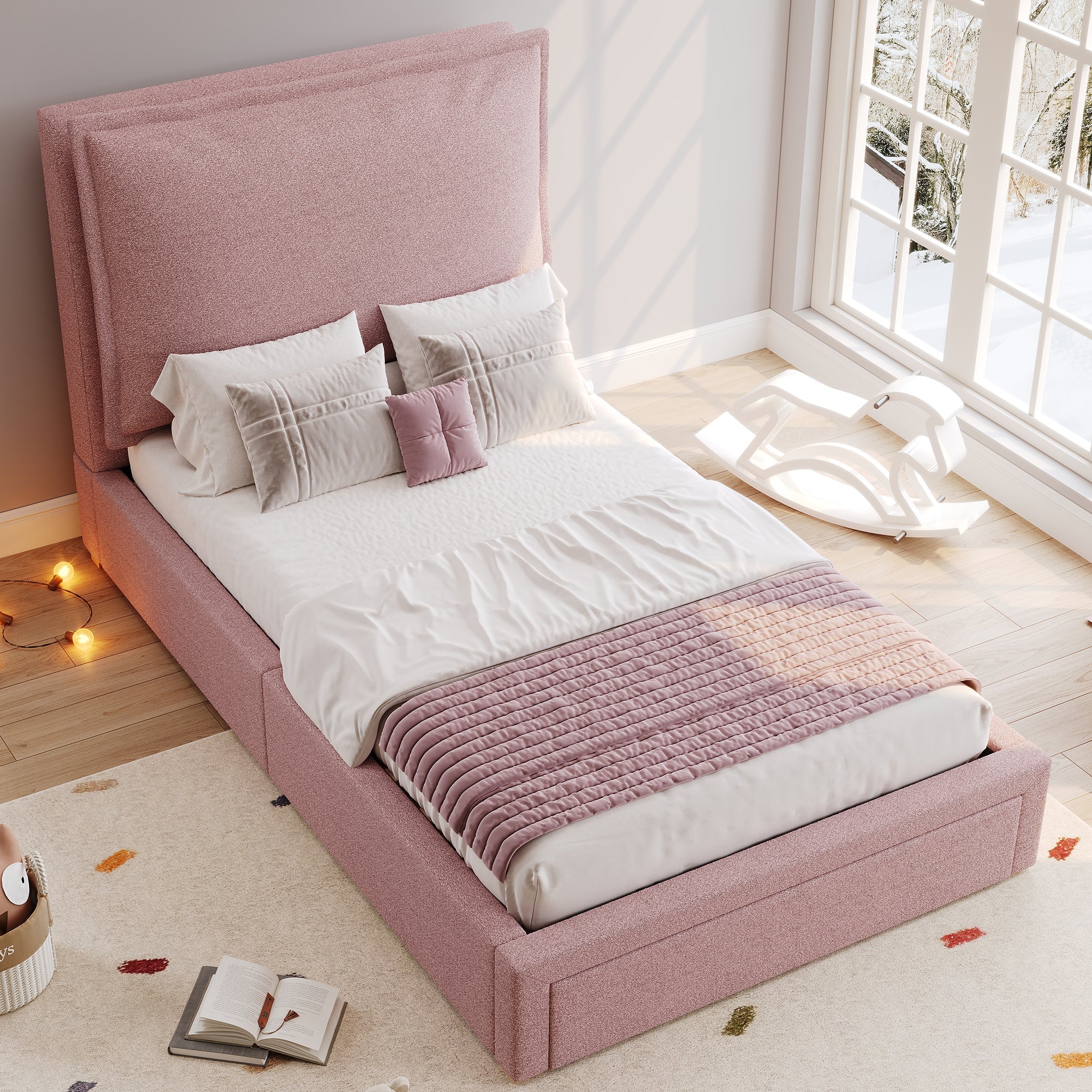 Logidon gestoffeerd bed 90x200 roze chenille met opbergruimte en lattenbodem