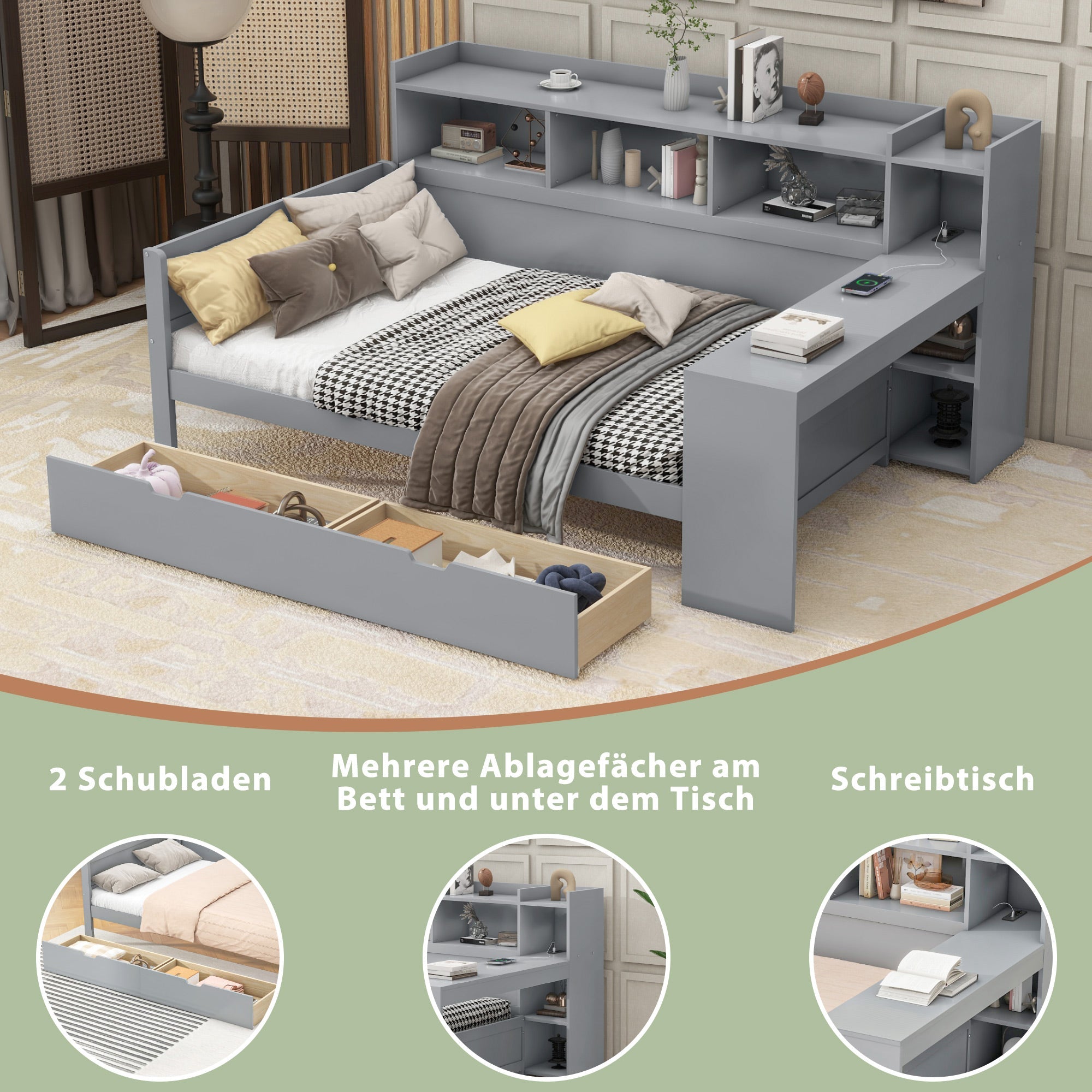 Logidon sofa bed 90x200 gray USB port 2 drawers