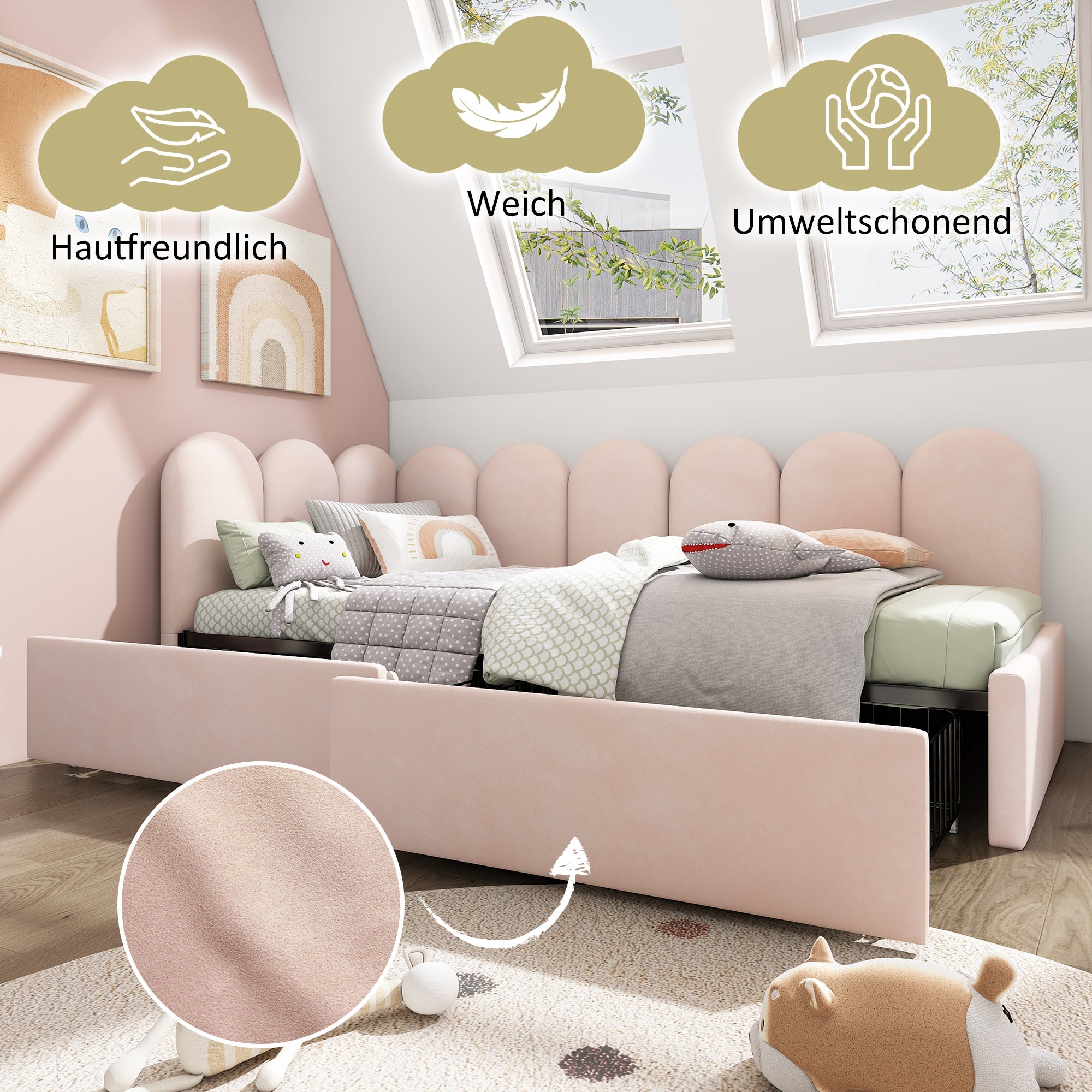 Logidon gestoffeerd bed 90x190 roze slaapbank met lades