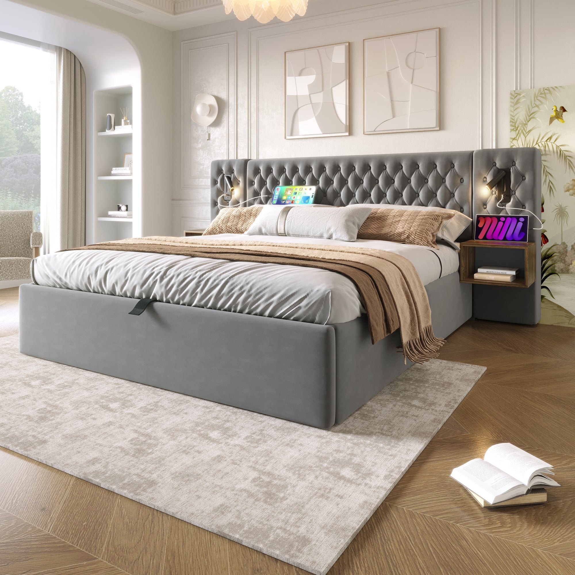 Logidon bed system hydraulic storage bed 160x200 cm gray velvet
