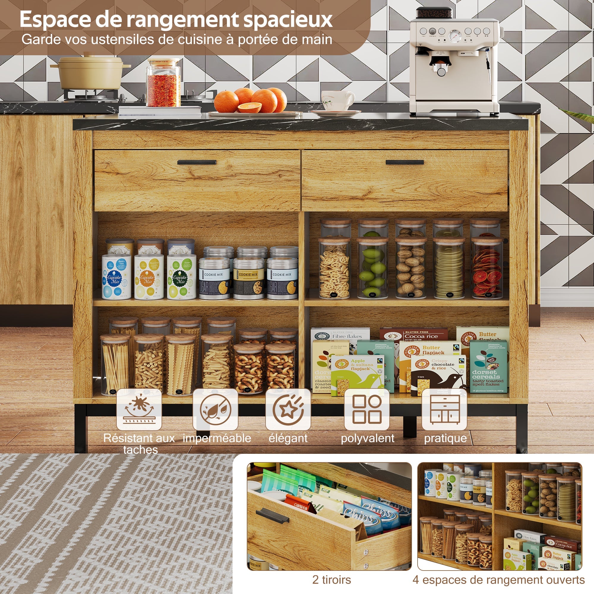 Logidon kitchen island country house style 120x75x90 cm with 2 drawers and 4 shelves