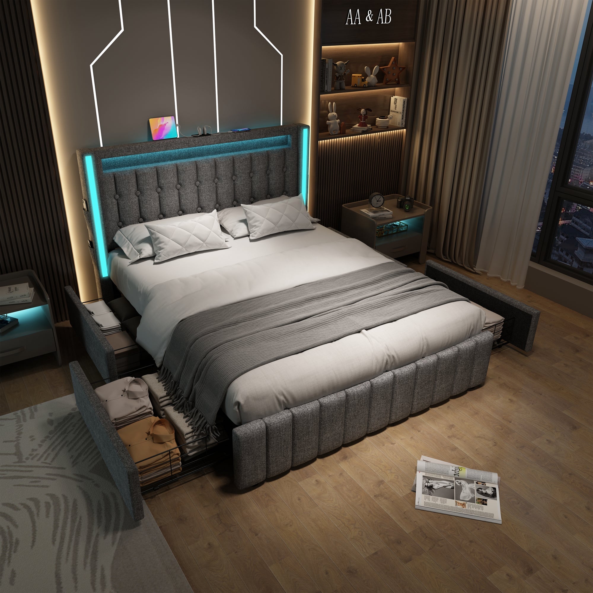 Logidon gestoffeerd bed 140x200 met USB C LED verlichting 4 vakken grijs