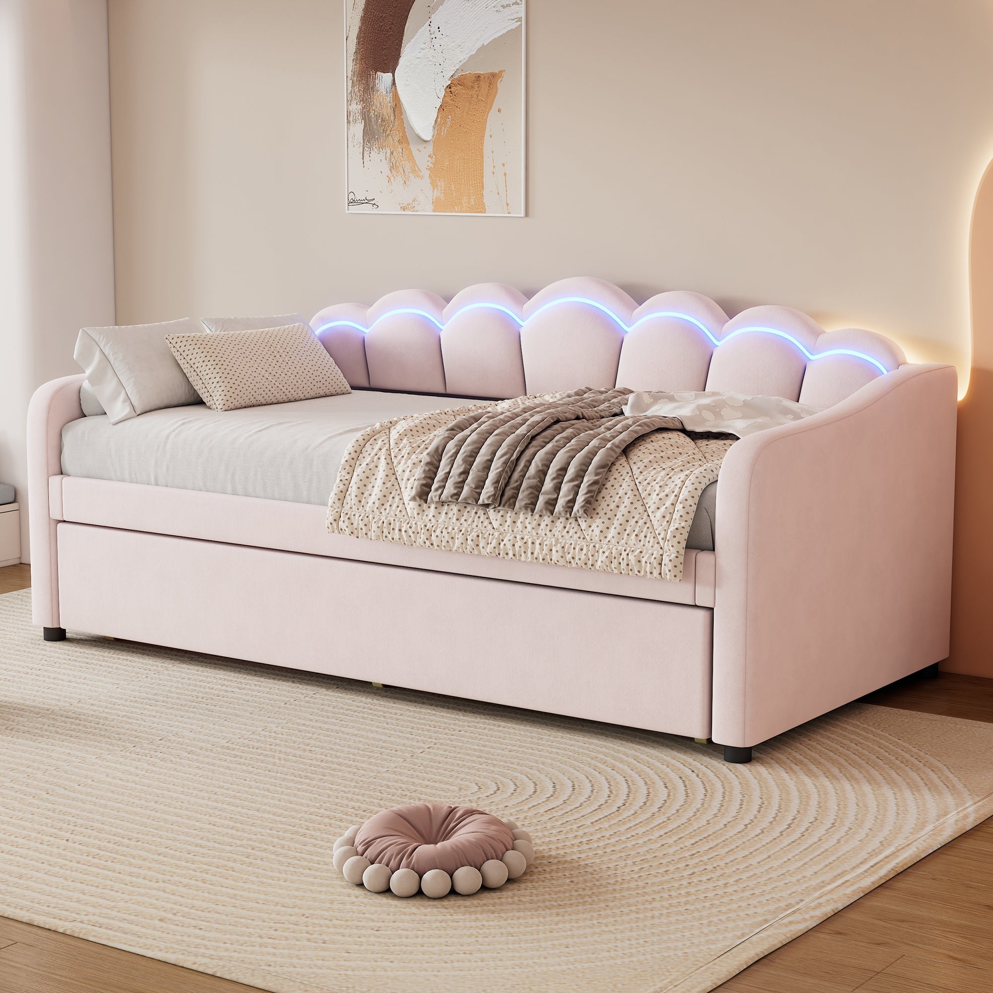 Logidon Daybed 90x200 cm daybed met uitschuifbaar bed roze fluweel