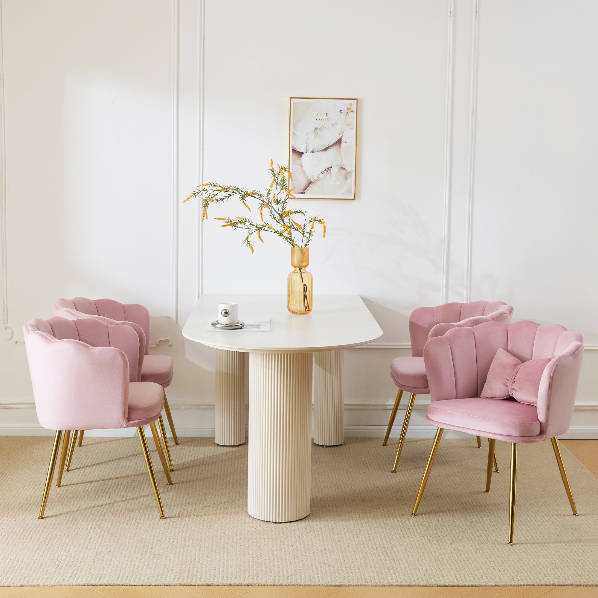 Logidon Set of 4 Pink Velvet Chairs with Petal Backs and Gold Legs