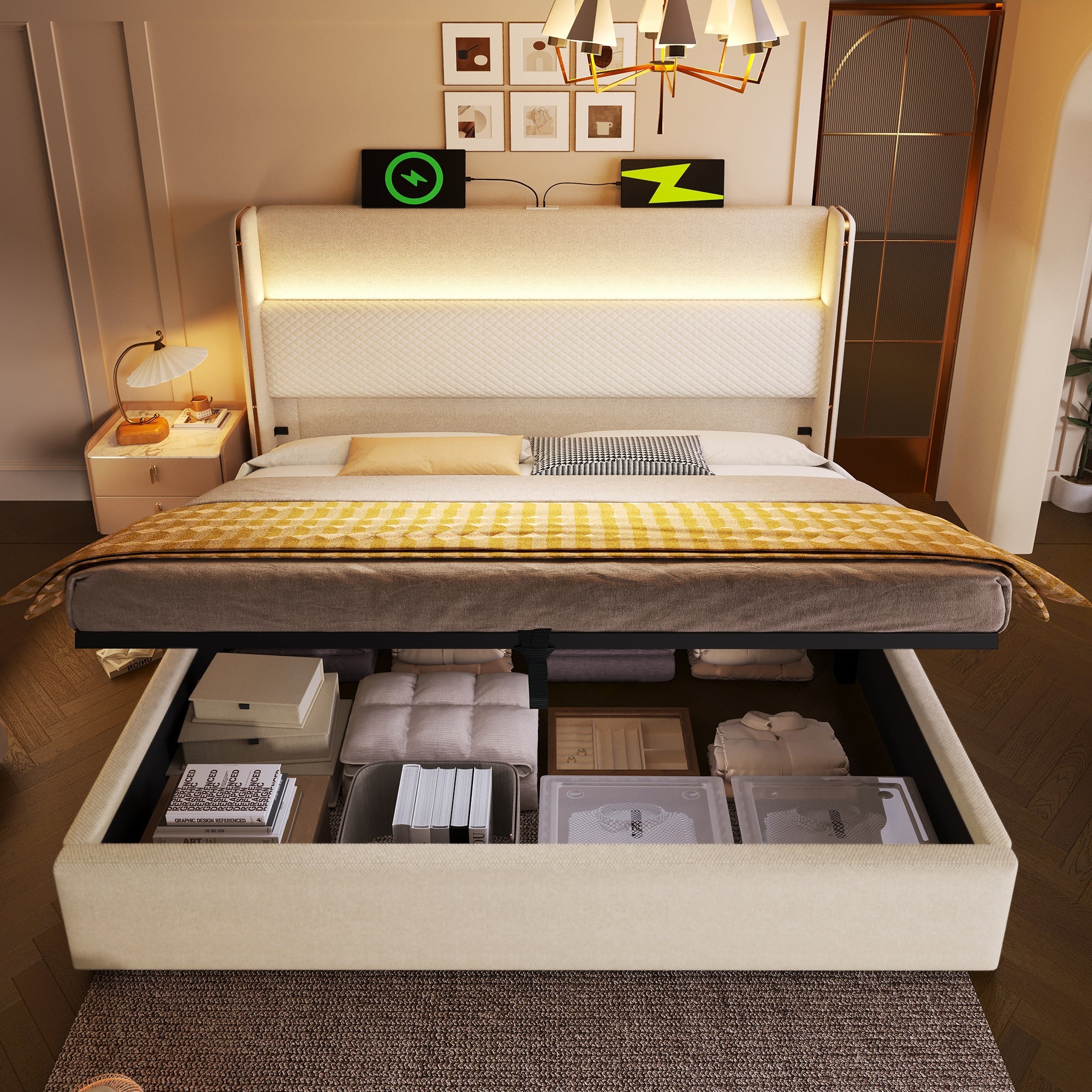 Logidon hydraulisch bed 140x200 beige linnenlook met LED