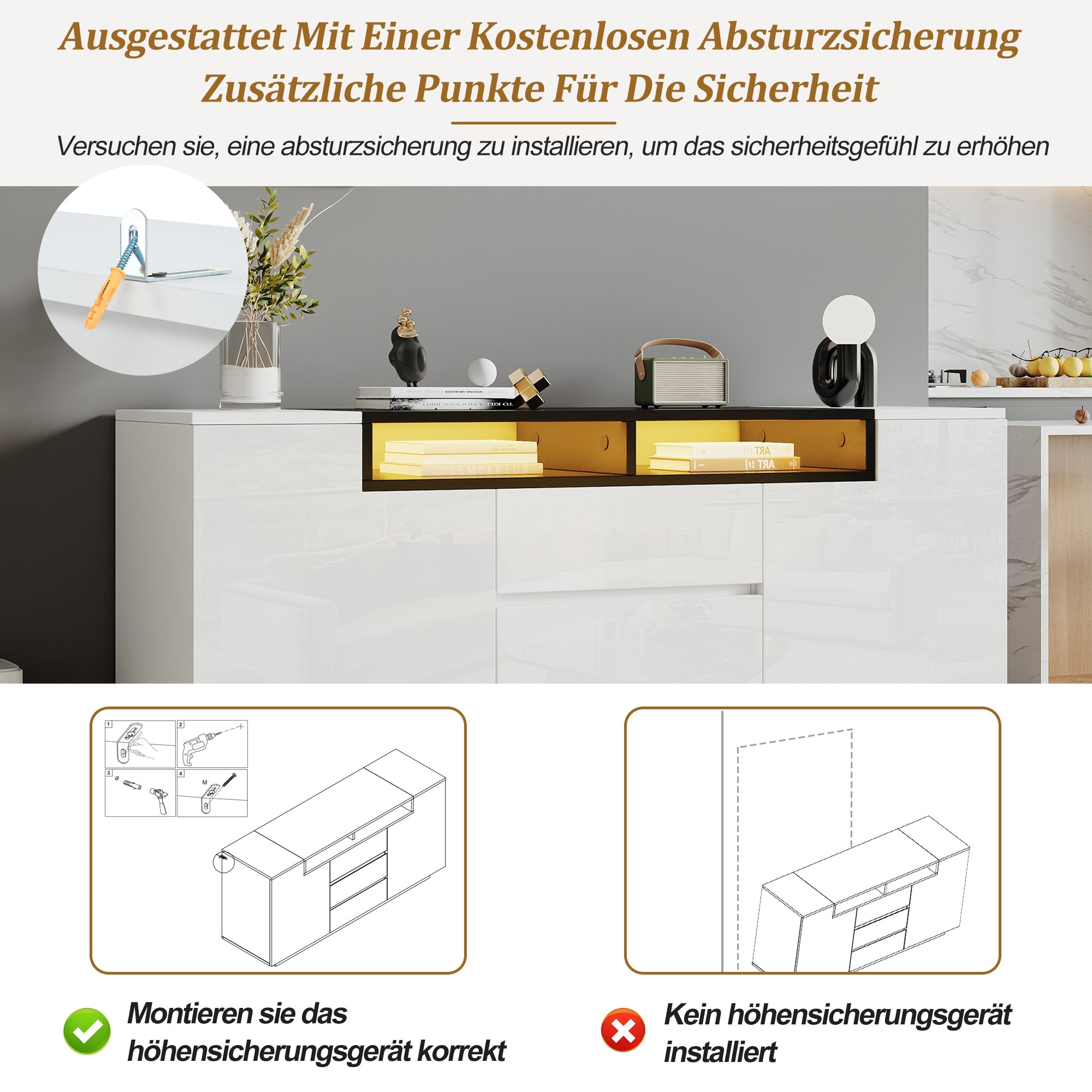 Logidon wit hoogglans dressoir 140 cm met LED, 2 deuren, 3 lades