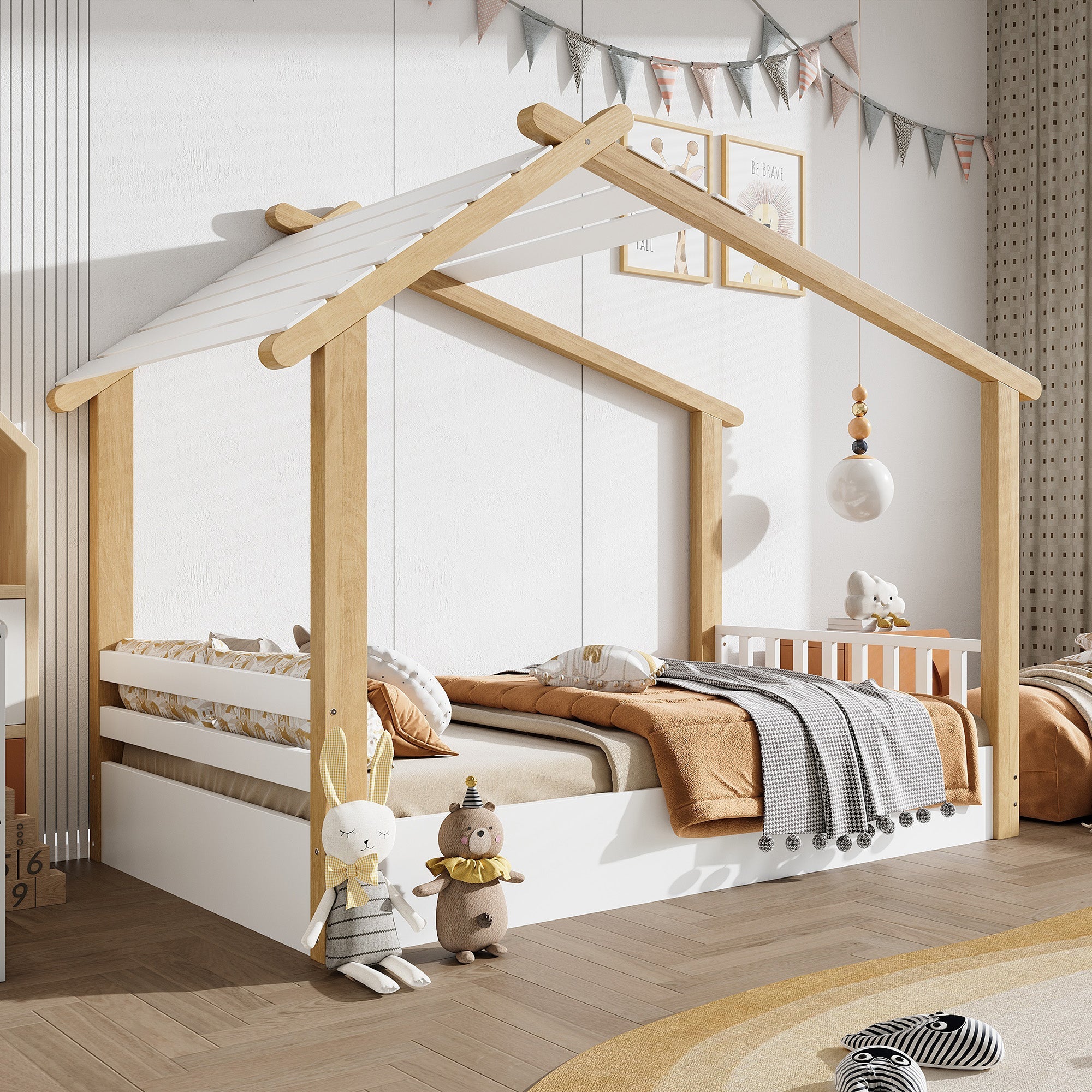 Logidon children's bed 90x200 cm white natural - wooden house design slatted frame