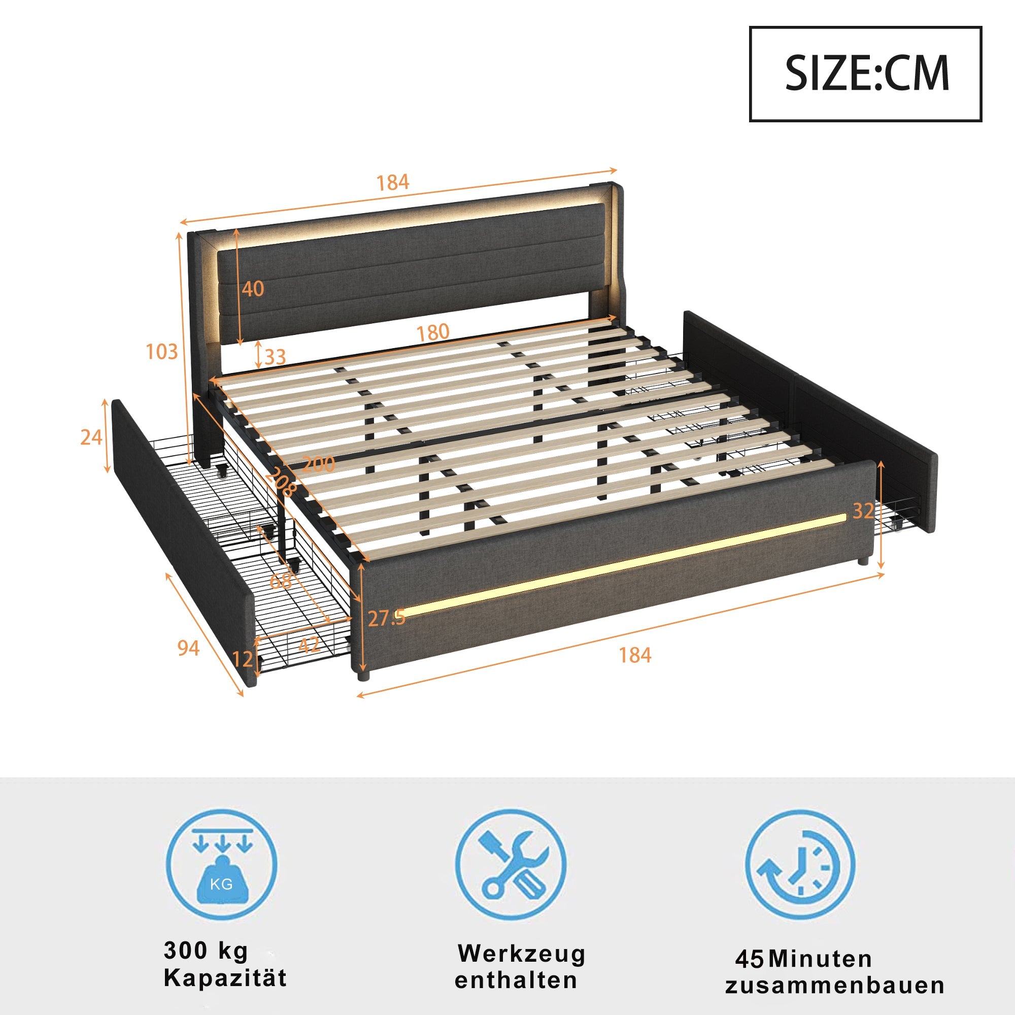Logidon gestoffeerd bed 180x200 met LED verlichting en 4 opbergvakken grijs
