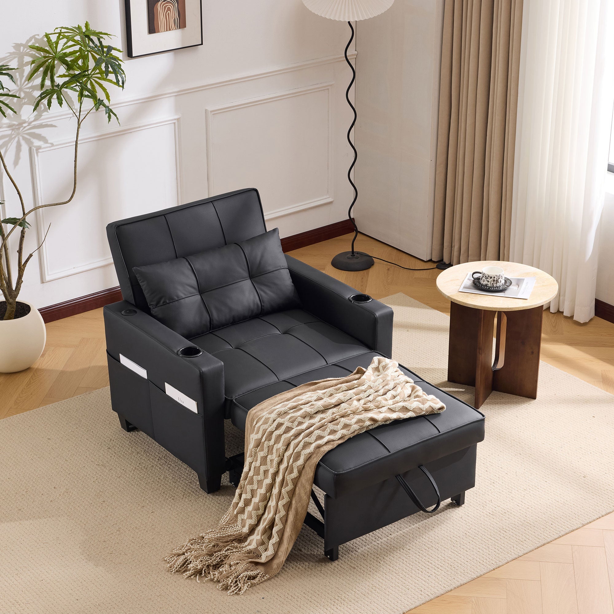 Logidon 3-in-1 uitschuifbare slaapbank, fauteuil, zwarte USB-bekerhouder