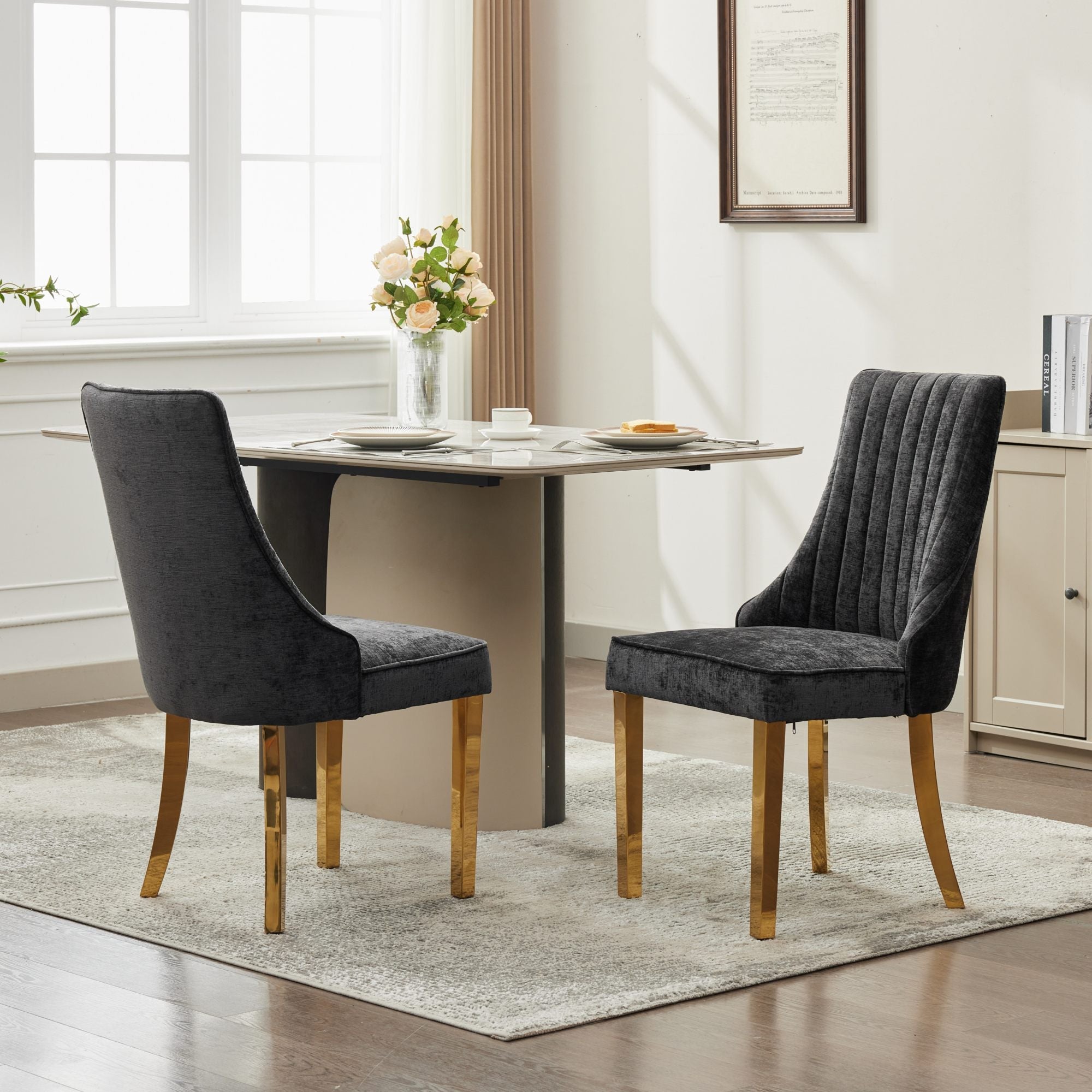 Logidon Chenille Eetstoelenset Zwart Gouden Poten Set van 2 65x50x95 cm