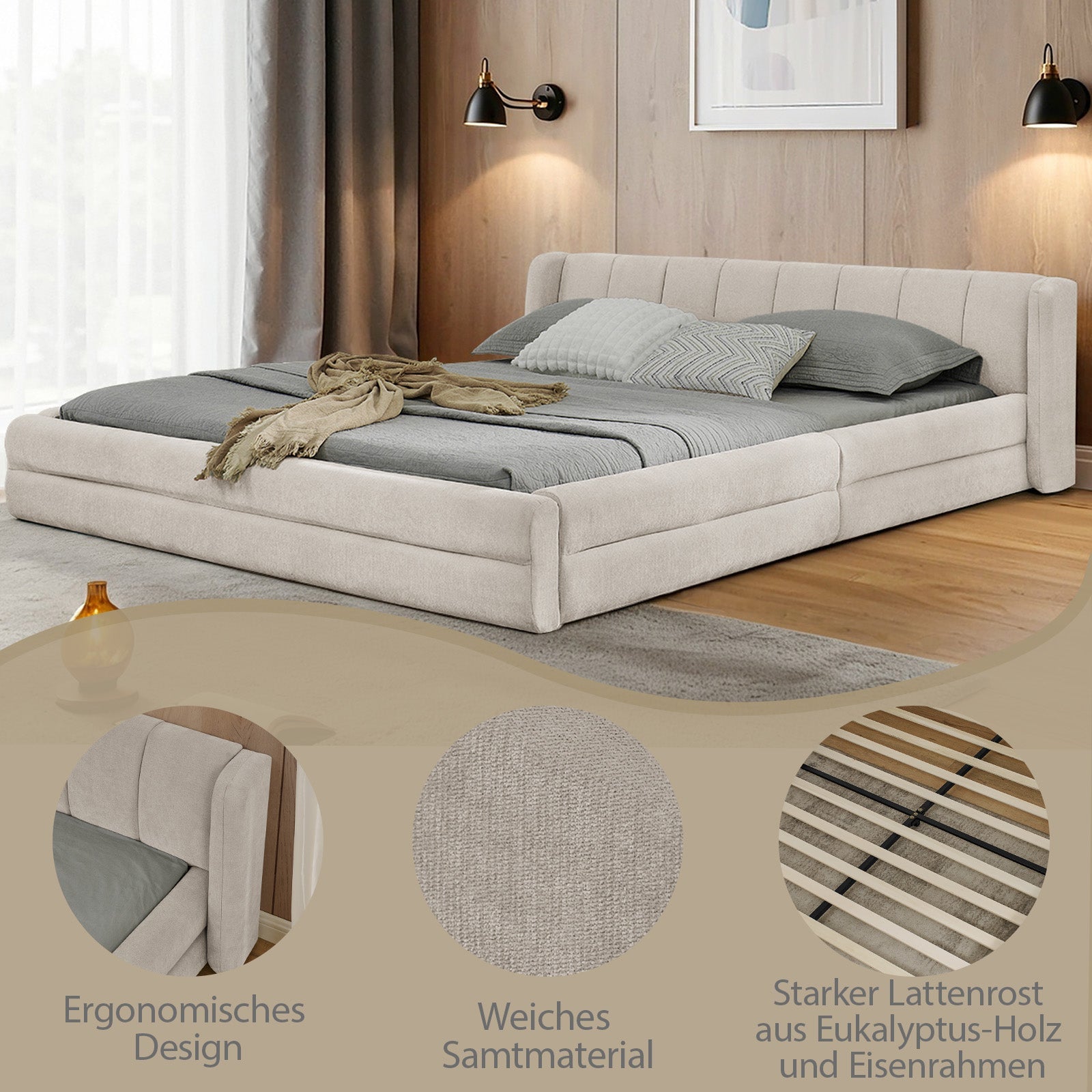 Logidon tweepersoonsbed 160x200 cm beige chenille comfortabel hoofdbord