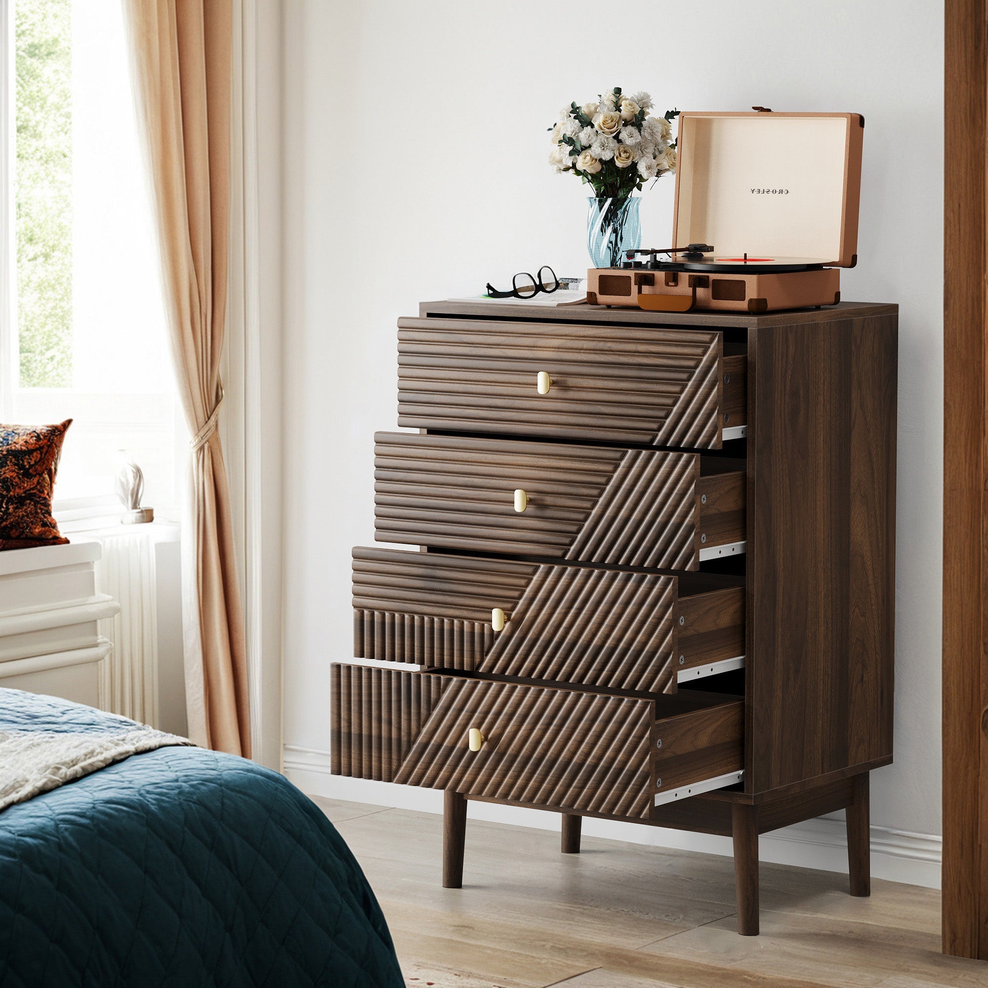 Logidon Notenhouten ladekast 60x40x90 cm met 4 lades