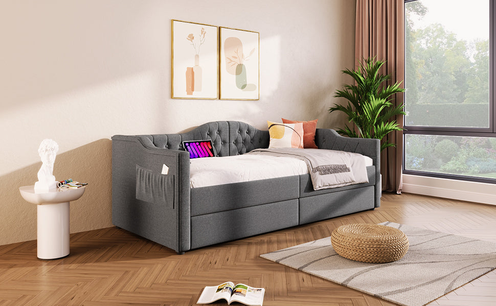 Logidon upholstered daybed 90x200 gray USB-C charging function 2 drawers