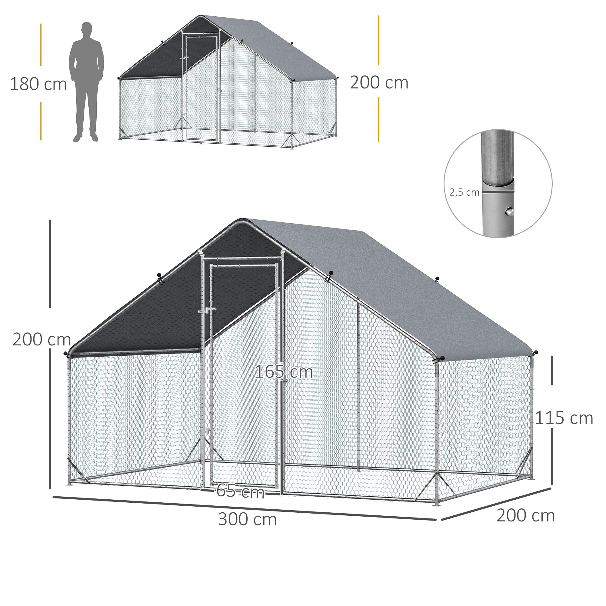 Logidon kippenhok buitenverblijf staal 300 x 200 x 200 cm zilveren deksel