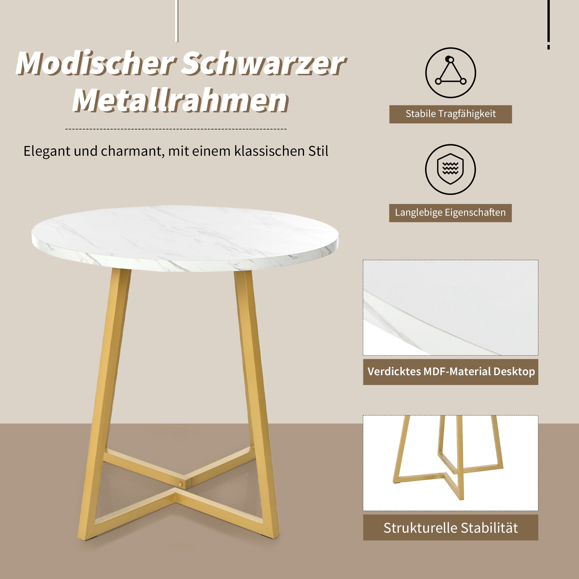 Logidon Ronde Eettafel Wit Marmeren Textuur Goud Frame 80 cm