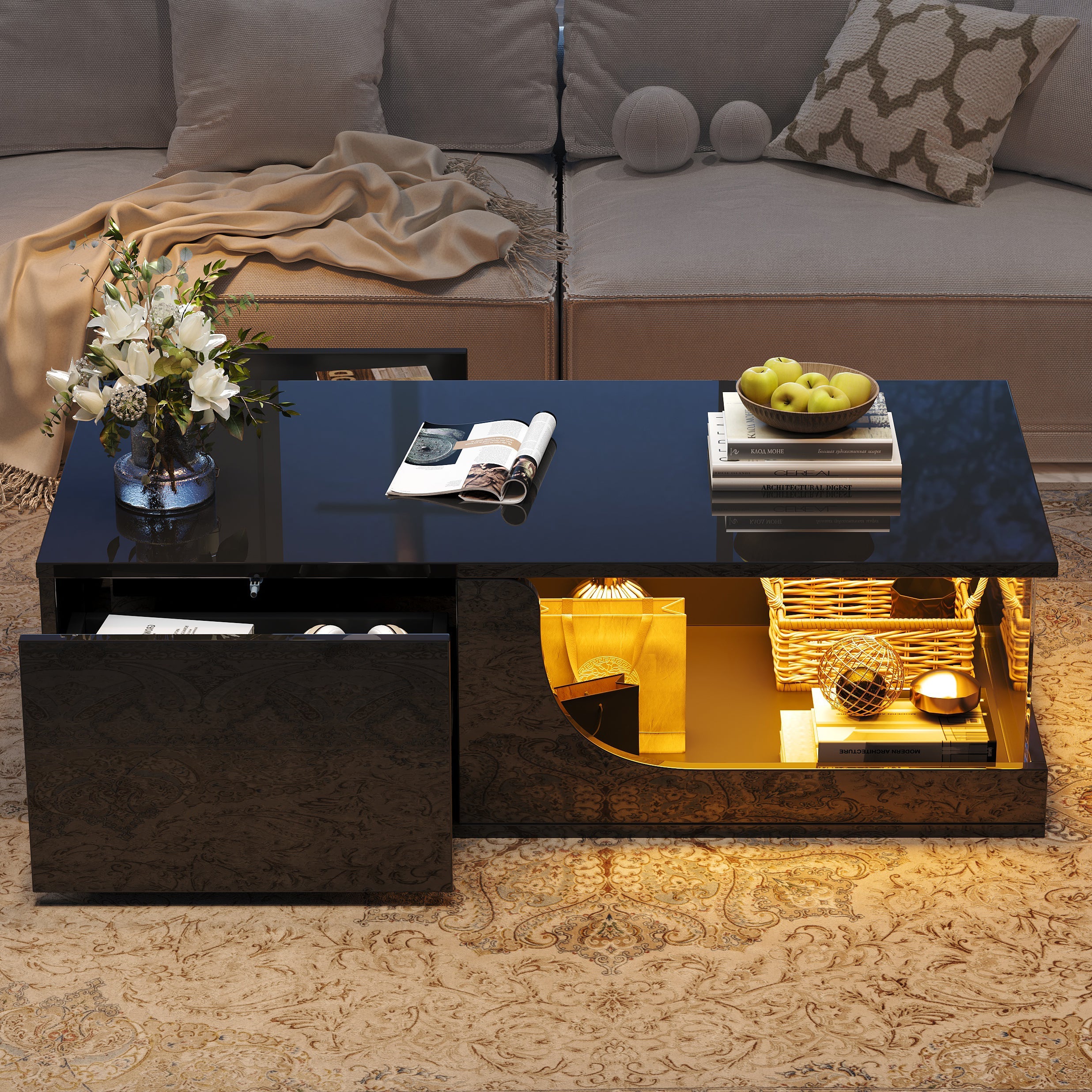 Logidon Zwarte hoogglans salontafel 100x50x30 cm LED-verlichting