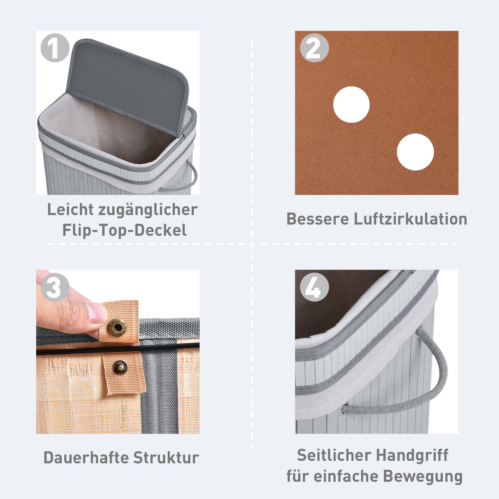 Logidon Bamboe Wasmand Smal Met Deksel Grijs 70 L Handvatten