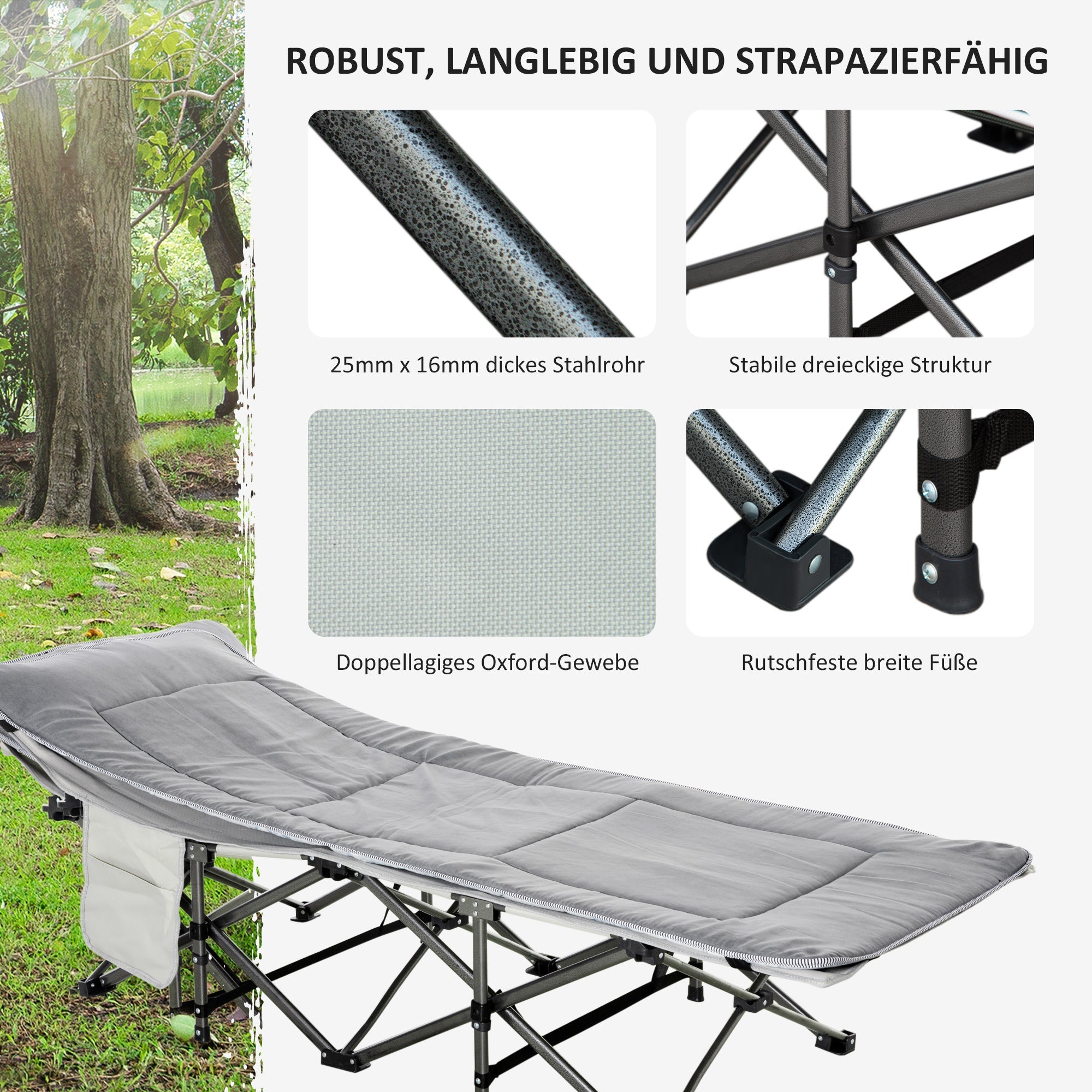 Logidon opklapbaar campingbedje met kussen lichtgrijs 188x64x53 cm