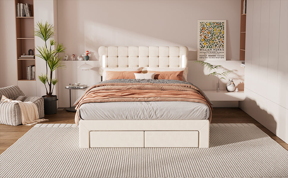 Logidon Flat Bed 140x200 Beige Velvet With Lighting And 4 Drawers