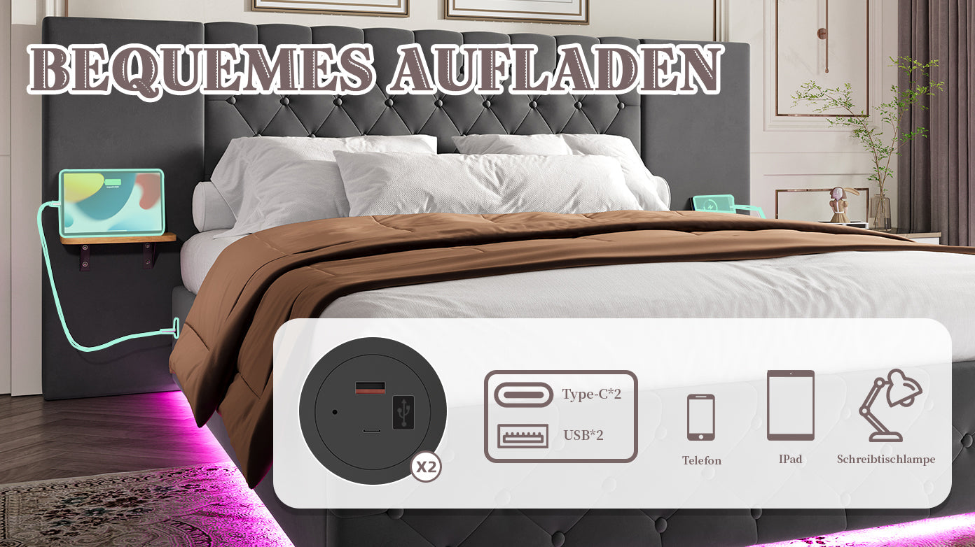 Logidon bedframe 140x200 cm grijs fluweel breed hoofdbord LED