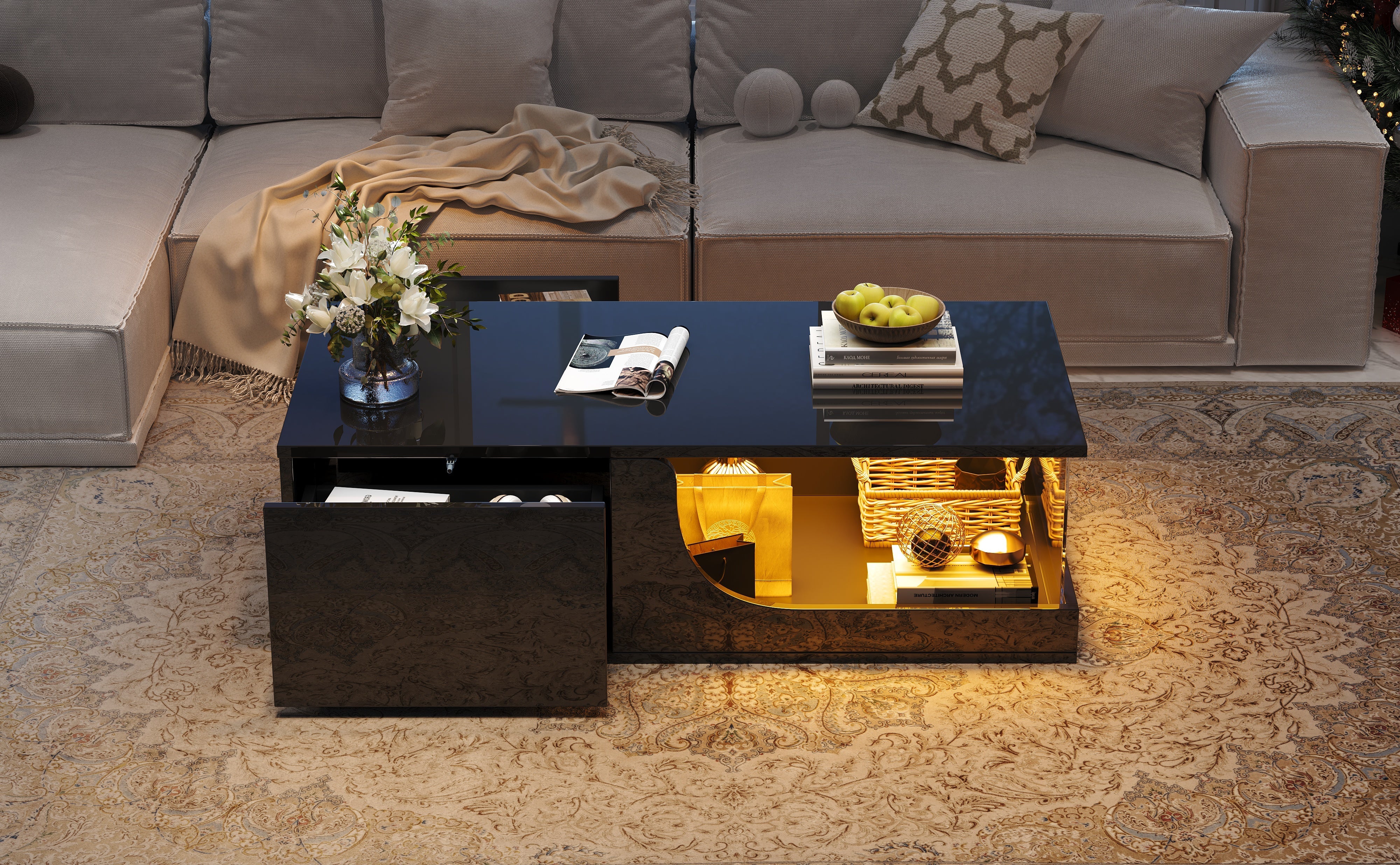 Logidon Zwarte hoogglans salontafel 100x50x30 cm LED-verlichting