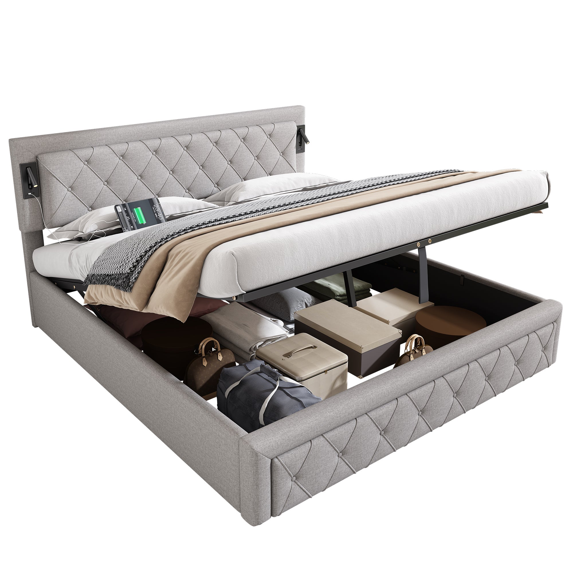 Logidon gestoffeerd bed 180x200 grijs linnen met inbouwspot en USB