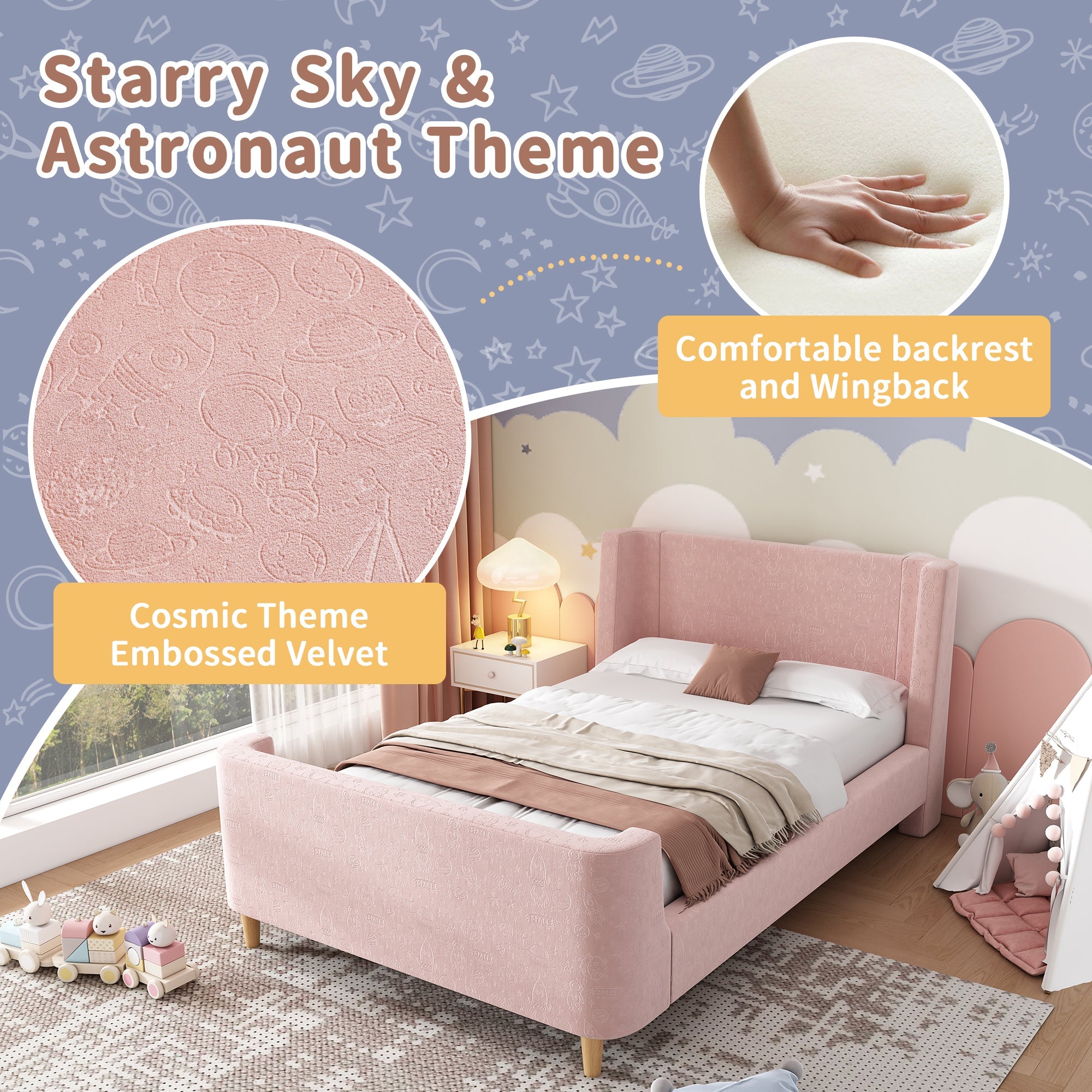 Logidon kinderbed gestoffeerd bed 90x200 roze fluweel sleebed Kosmos