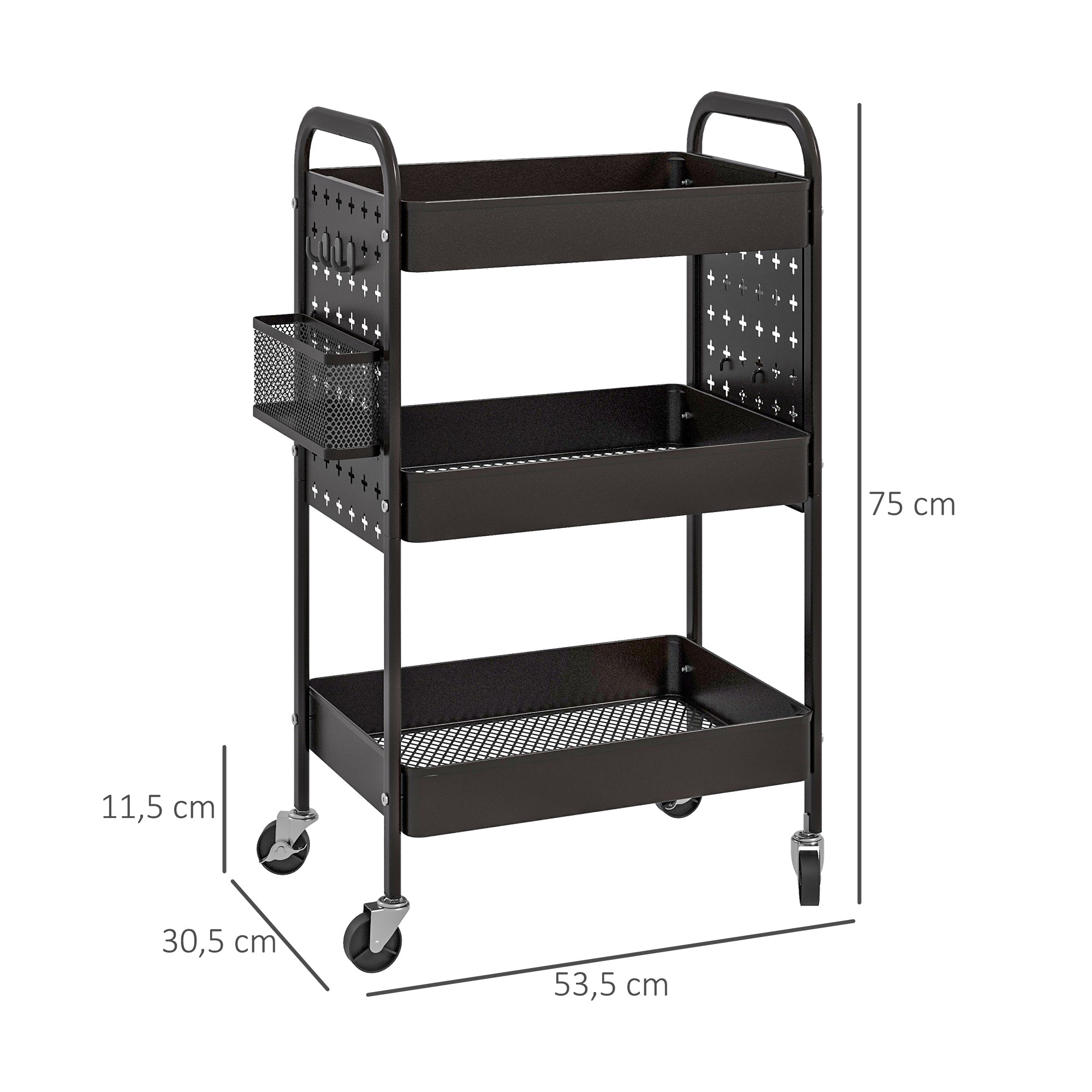 Logidon trolley serveerwagen zwart staal 3 niveaus 53,5x30,5x75 cm