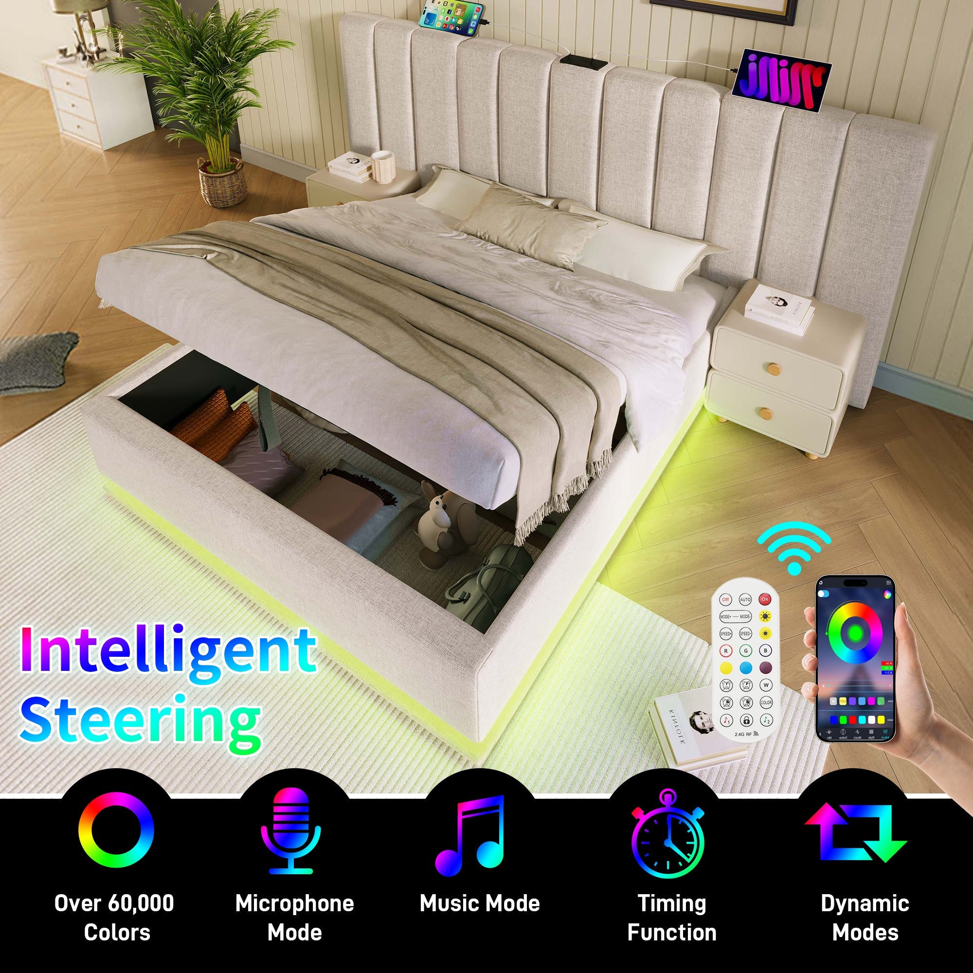 Logidon gestoffeerd bed 180x200 opbergruimte met LED USB oplaadfunctie beige