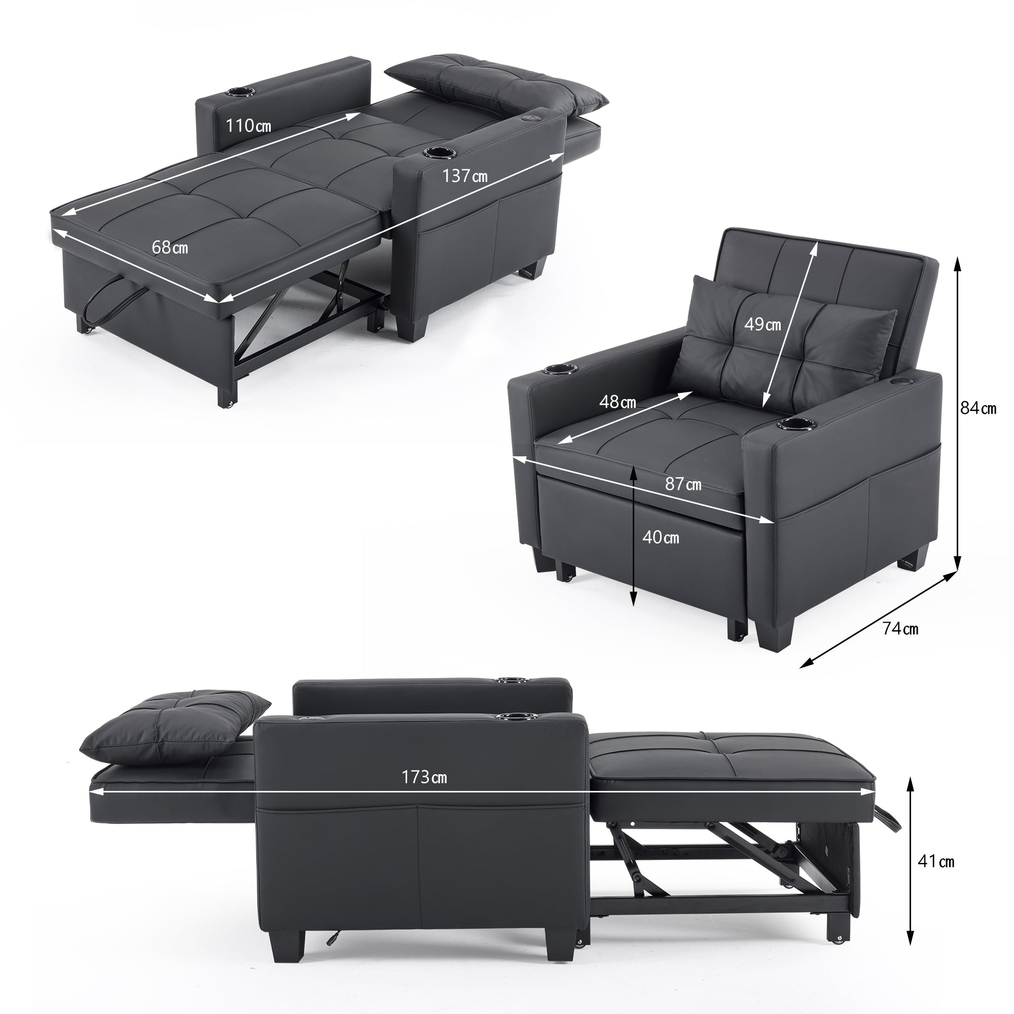 Logidon 3-in-1 uitschuifbare slaapbank, fauteuil, zwarte USB-bekerhouder