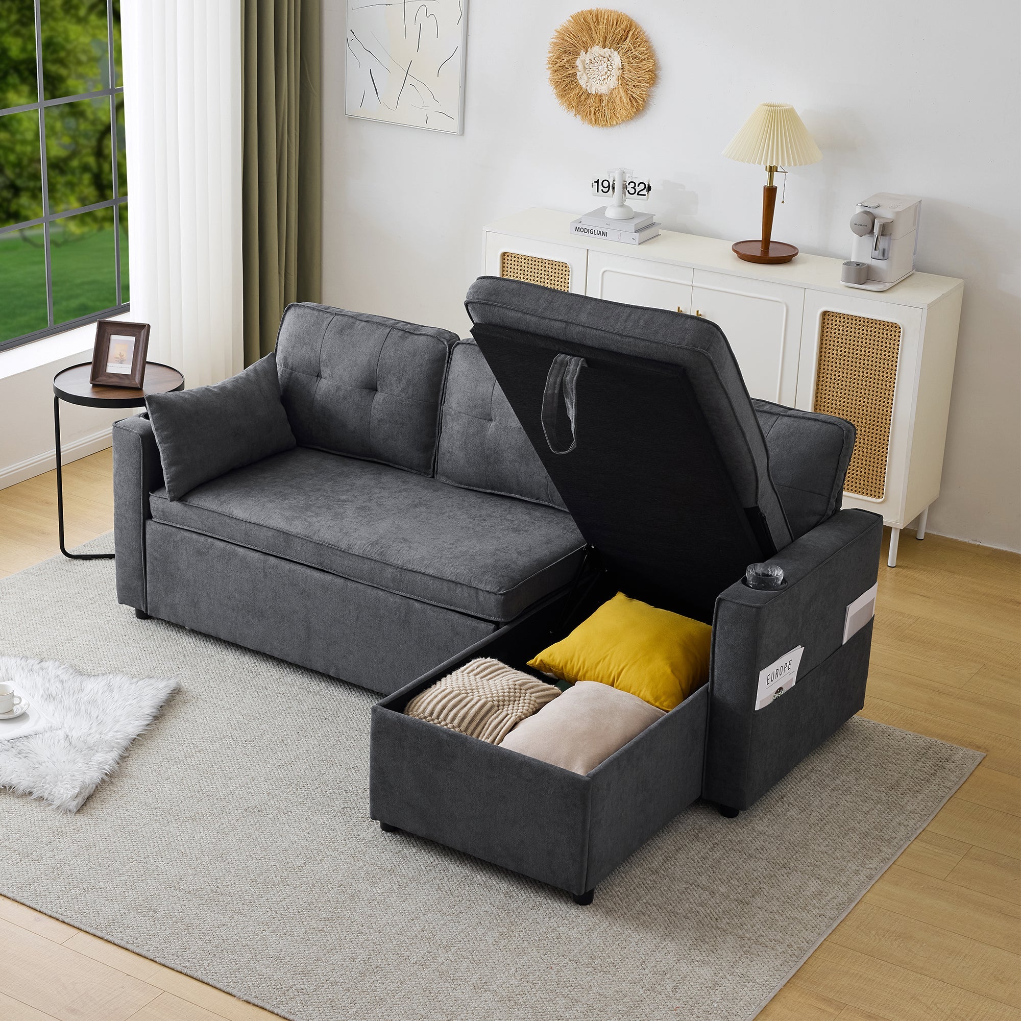 Logidon sofa bed gray L-shape with storage space and cup holder
