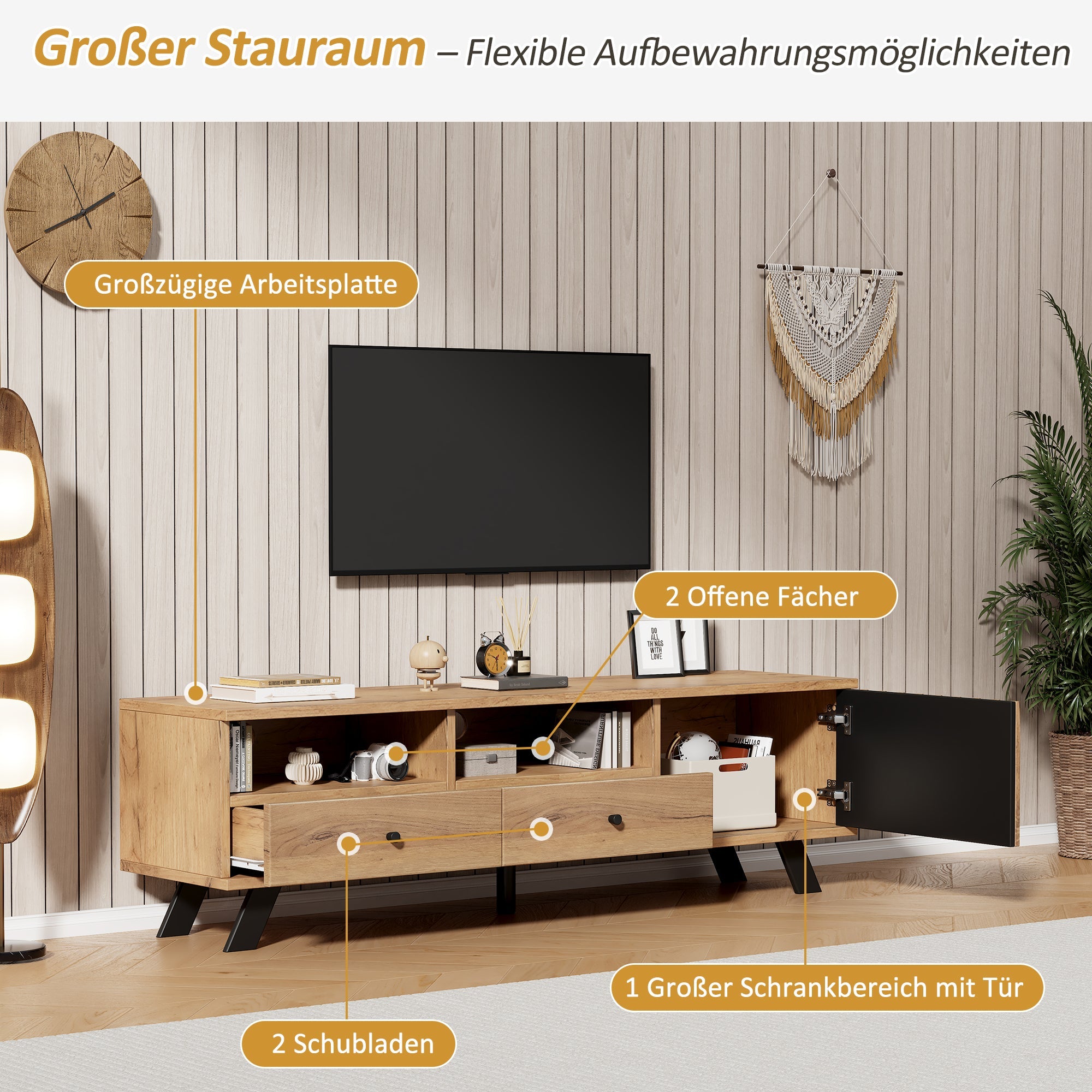 Logidon TV-meubel 150 x 38 x 44 cm natuurlijke houtlook 2 lades
