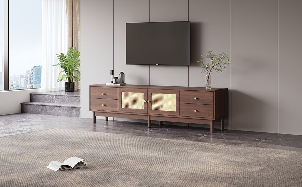 Logidon TV cabinet 180 cm dark wood look rattan doors cable management