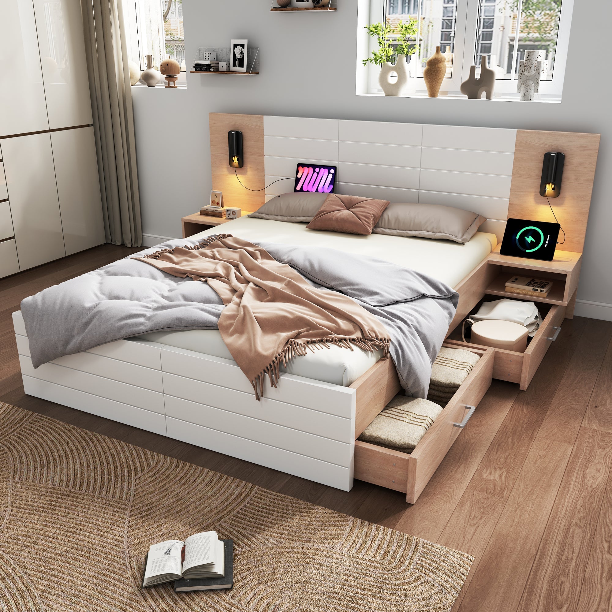 Logidon tweepersoonsbed 160x200 cm in wit eikenhout met 2 laden