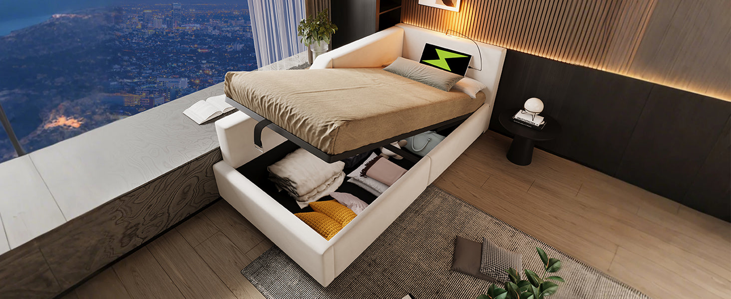 Logidon fluwelen dagbed 90x190 beige met opbergruimte, USB-C, leeslampje