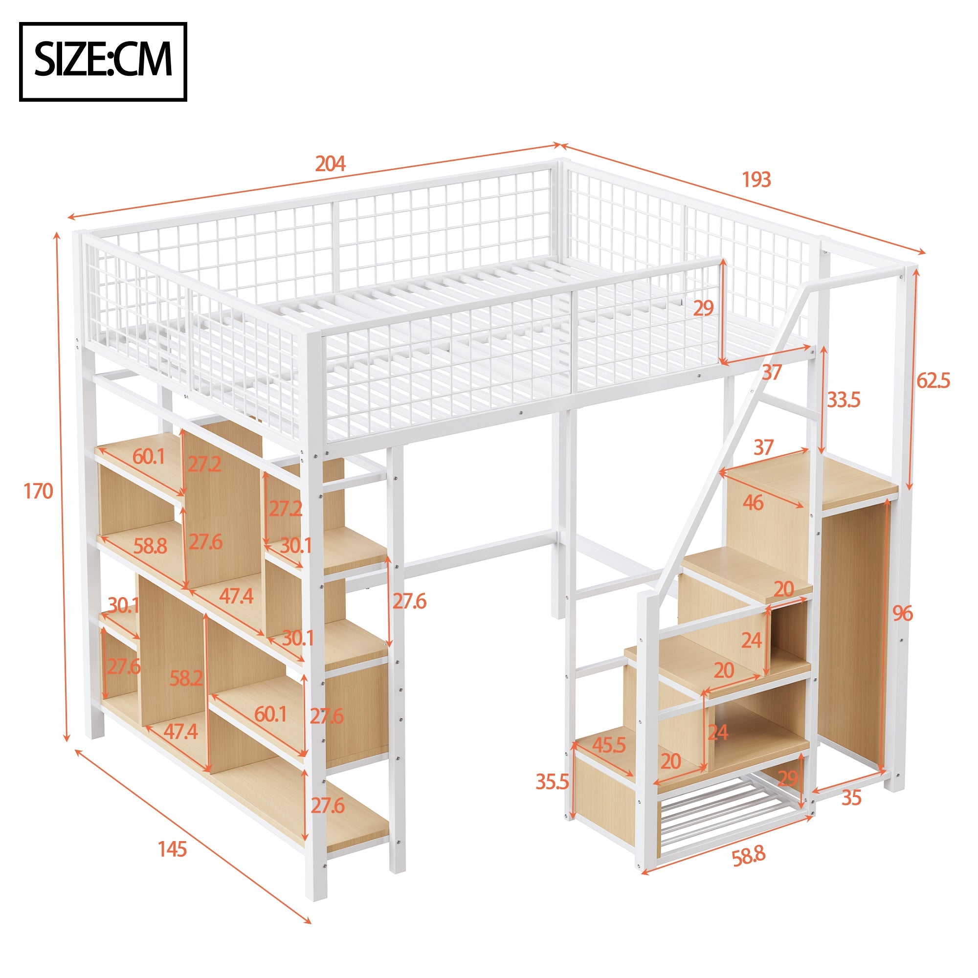 Logidon hoogslaper 140x200 cm metaal met opbergruimte trap wit