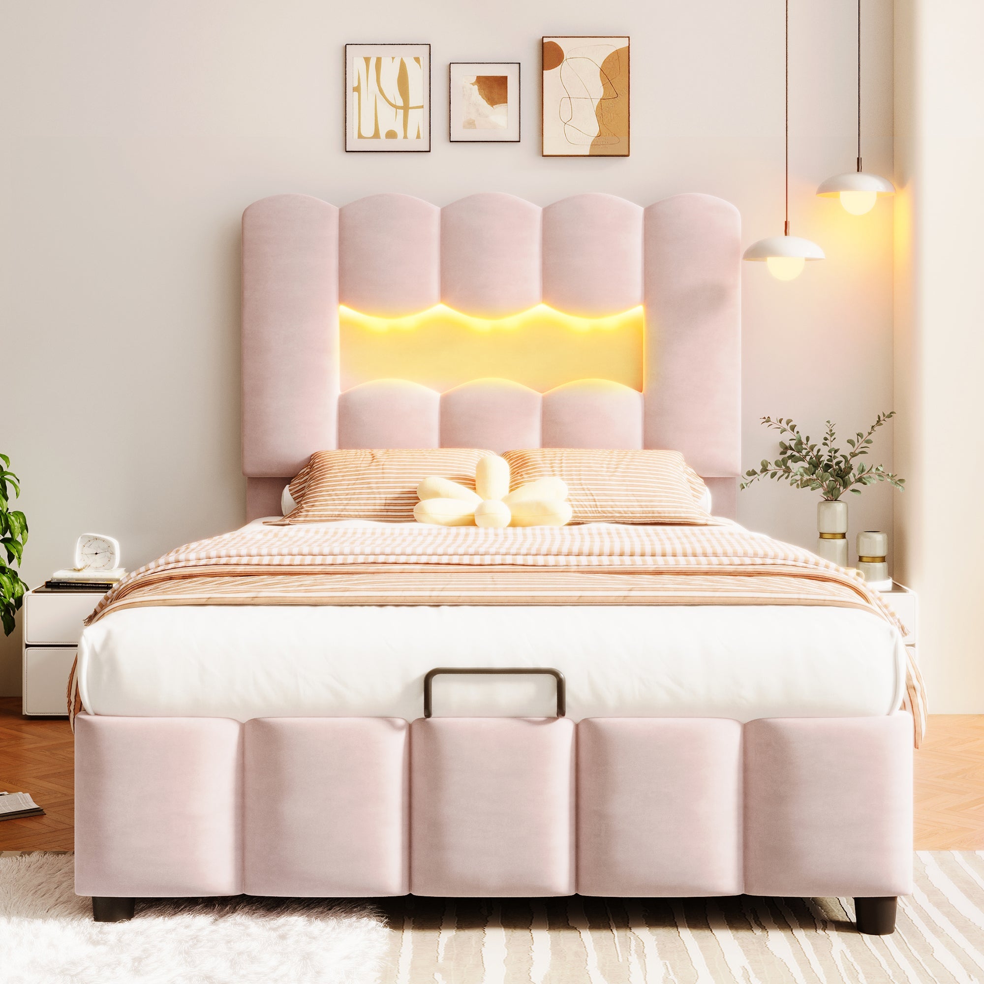 Logidon upholstered bed 90x200 pink velvet LED lighting hydraulic