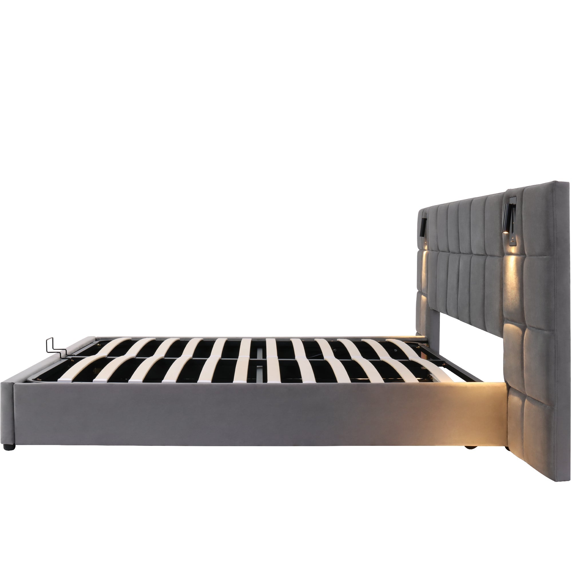 Logidon gestoffeerd bed 140x200 grijs hydraulische opbergruimte USB-leeslamp