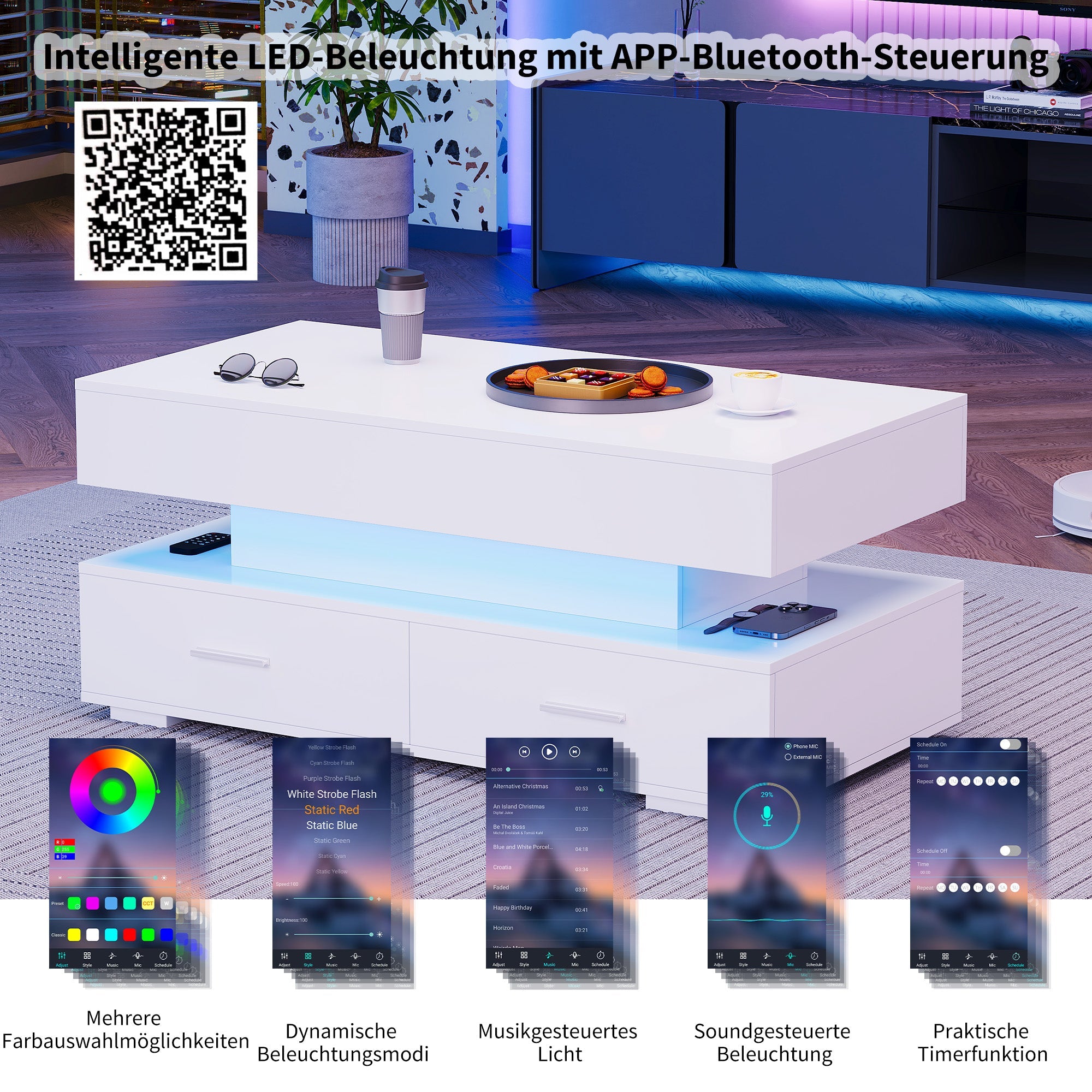 Logidon Hydraulisch in hoogte verstelbare salontafel 100x50x44 cm Wit LED