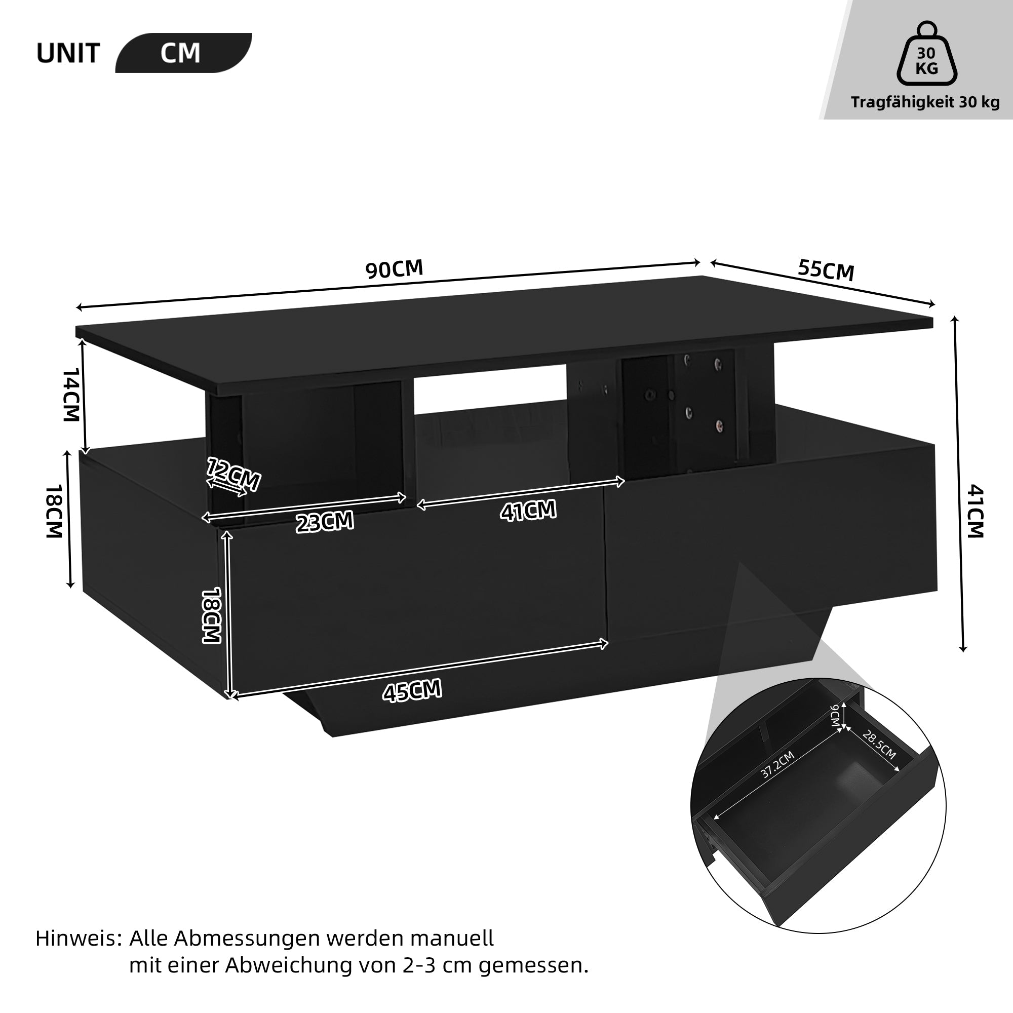 Logidon LED-verlichting salontafel met 2 lades 90x55x41 cm