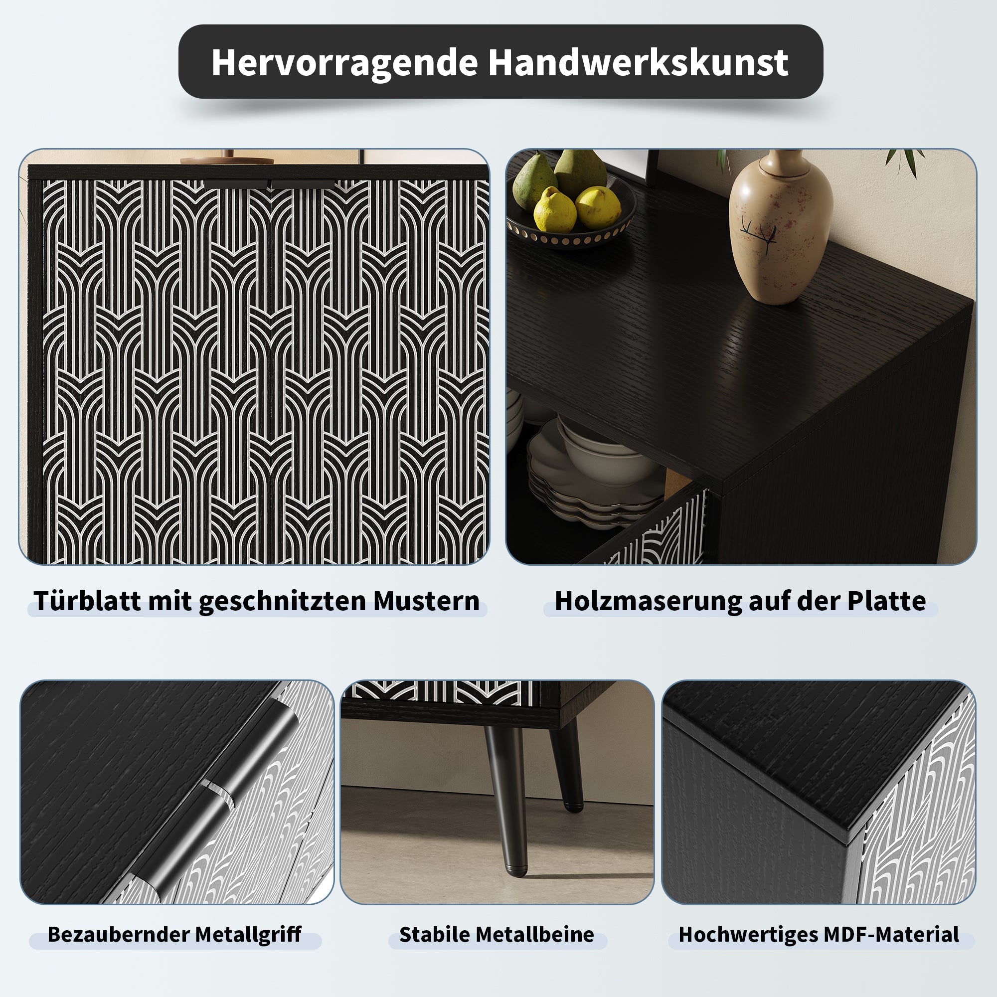 Logidon eetkamerkast 120x35x78 cm zwart met visgraatmotief